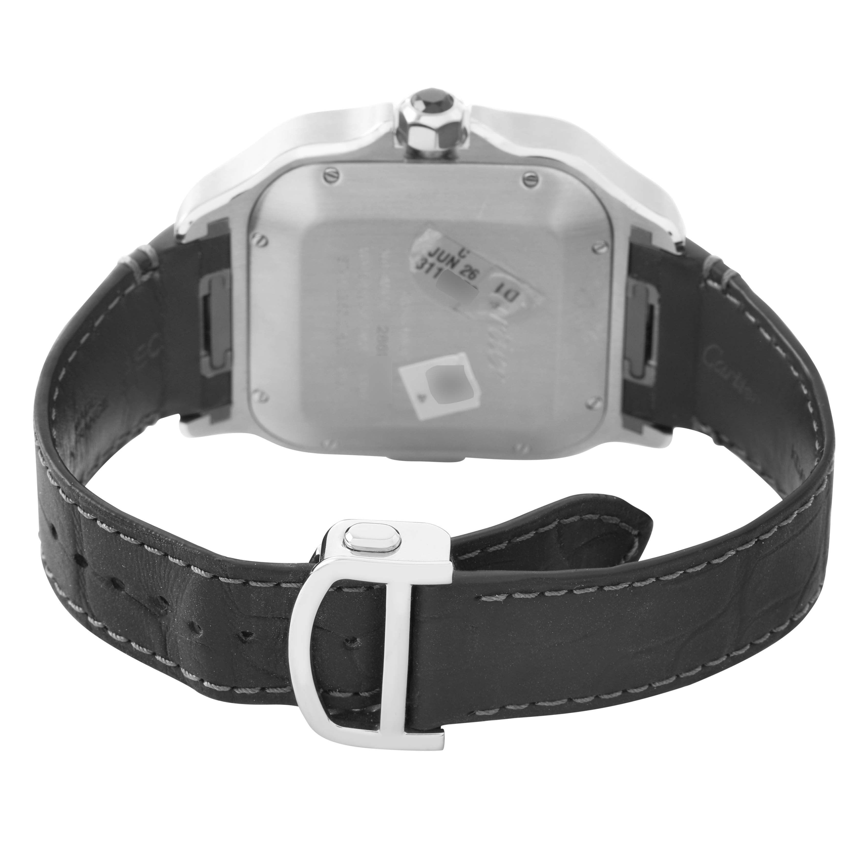 The Cartier Santos WSSA0017 Men's Stainless Steel Silver Dial watch is shown from the back, highlighting the case back, leather strap, and clasp.