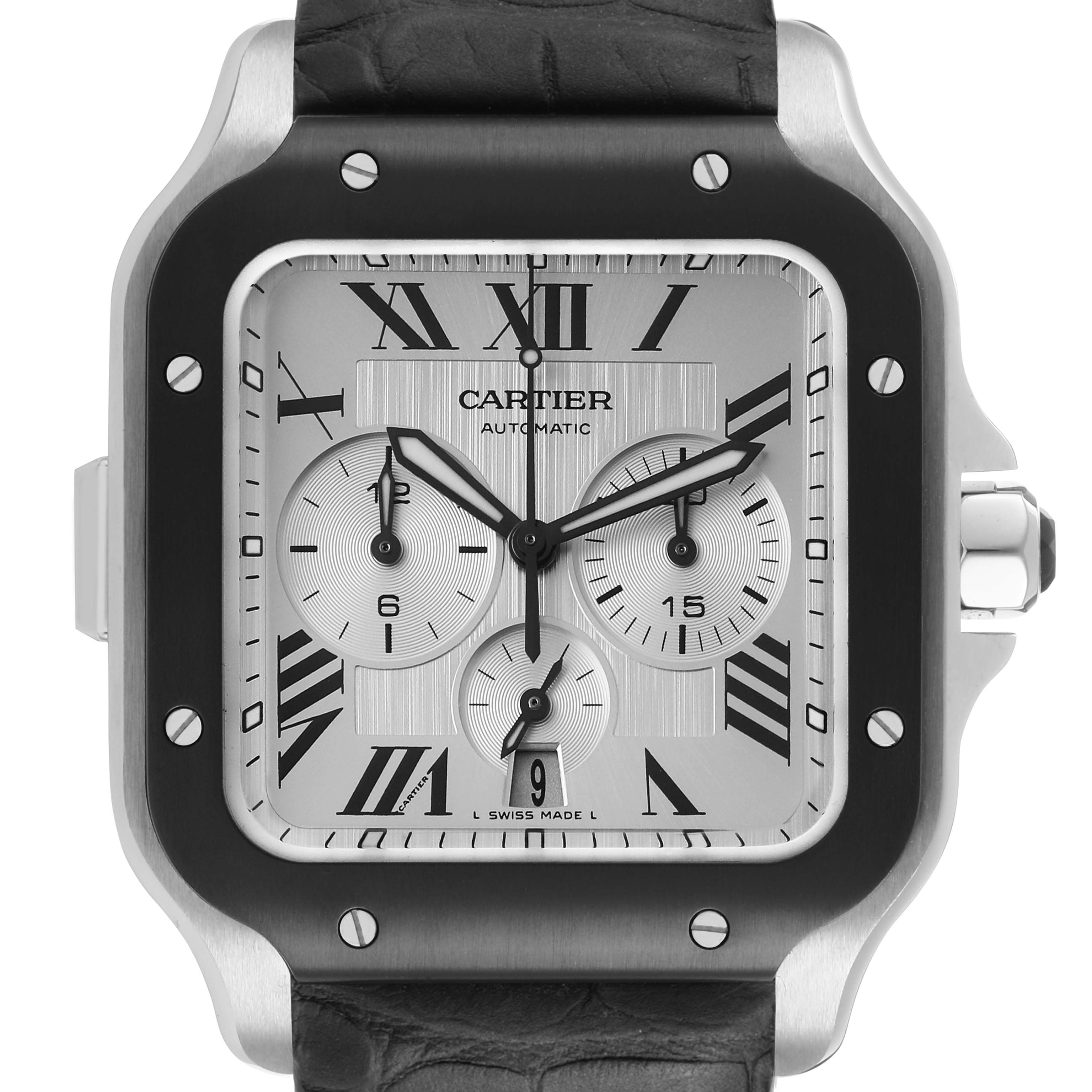 This Cartier Santos WSSA0017 Men's Stainless Steel Silver Dial watch is shown from the front, highlighting the dial, subdials, and bezel with visible screws.