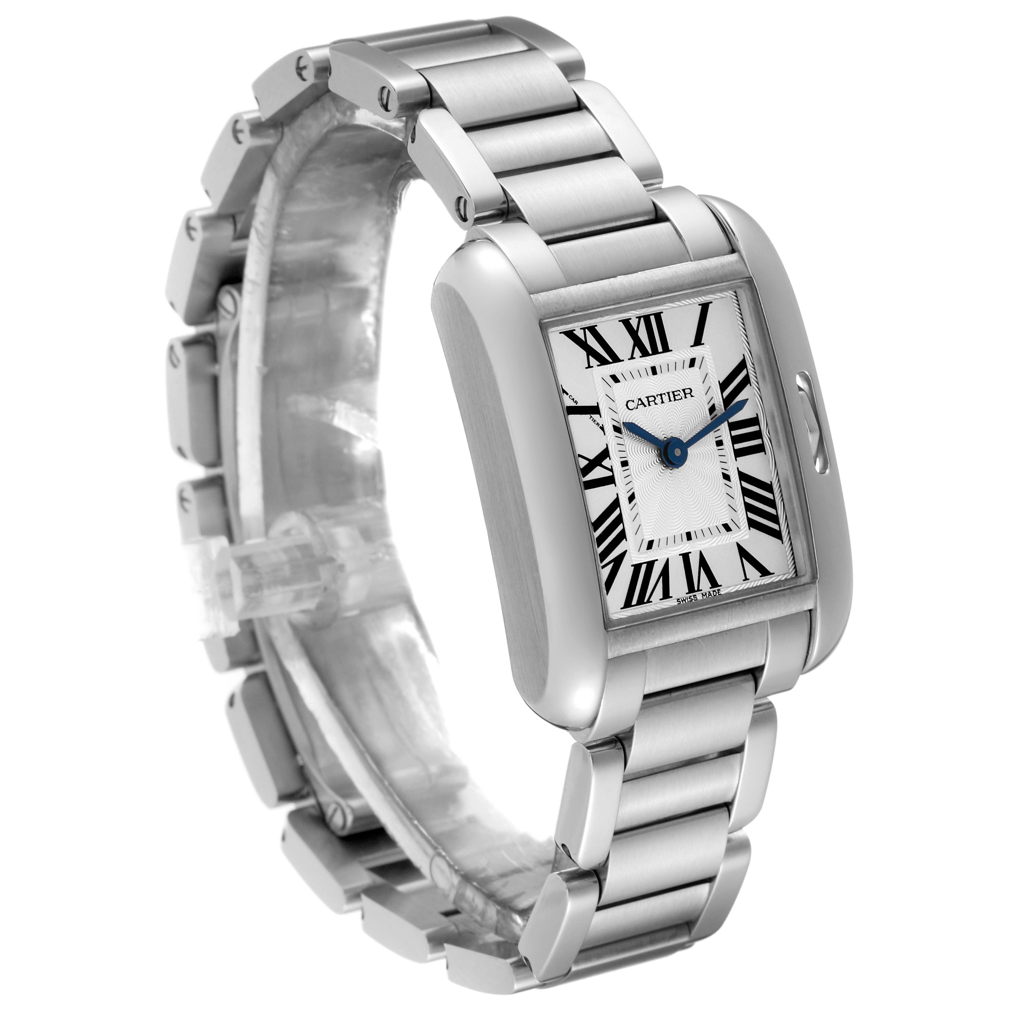 The Cartier Tank Anglaise W5310022 Women
s Stainless Steel Silver Dial W5310022 Women
s Stainless Steel Silver Dial watch is shown at an angle highlighting its rectangular face, Roman numerals, and metallic bracelet.