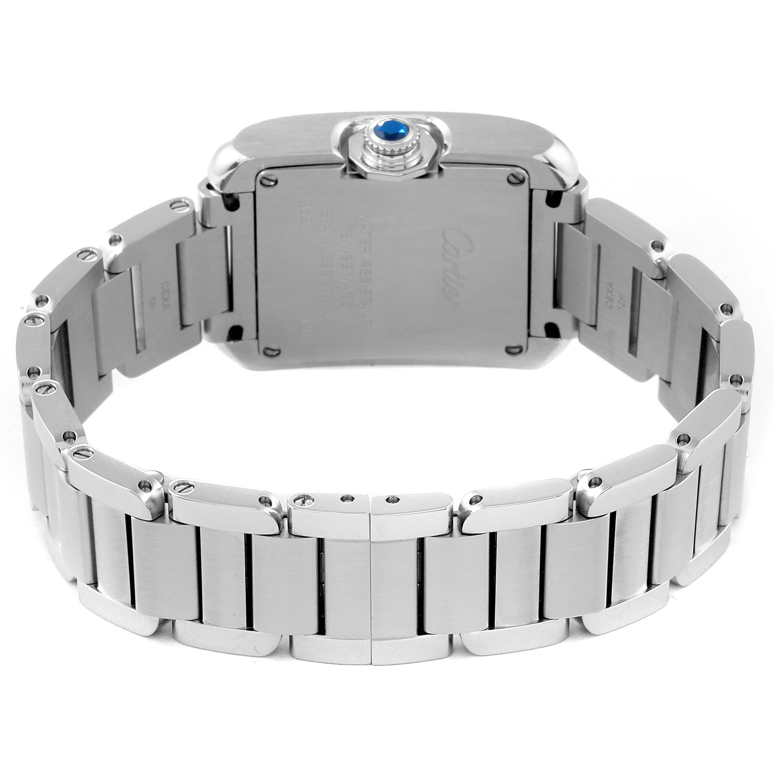The image shows the back view of the Cartier Tank Anglaise W5310022 Women
s Stainless Steel Silver Dial W5310022 Women
s Stainless Steel Silver Dial watch, highlighting its metal bracelet and back casing.