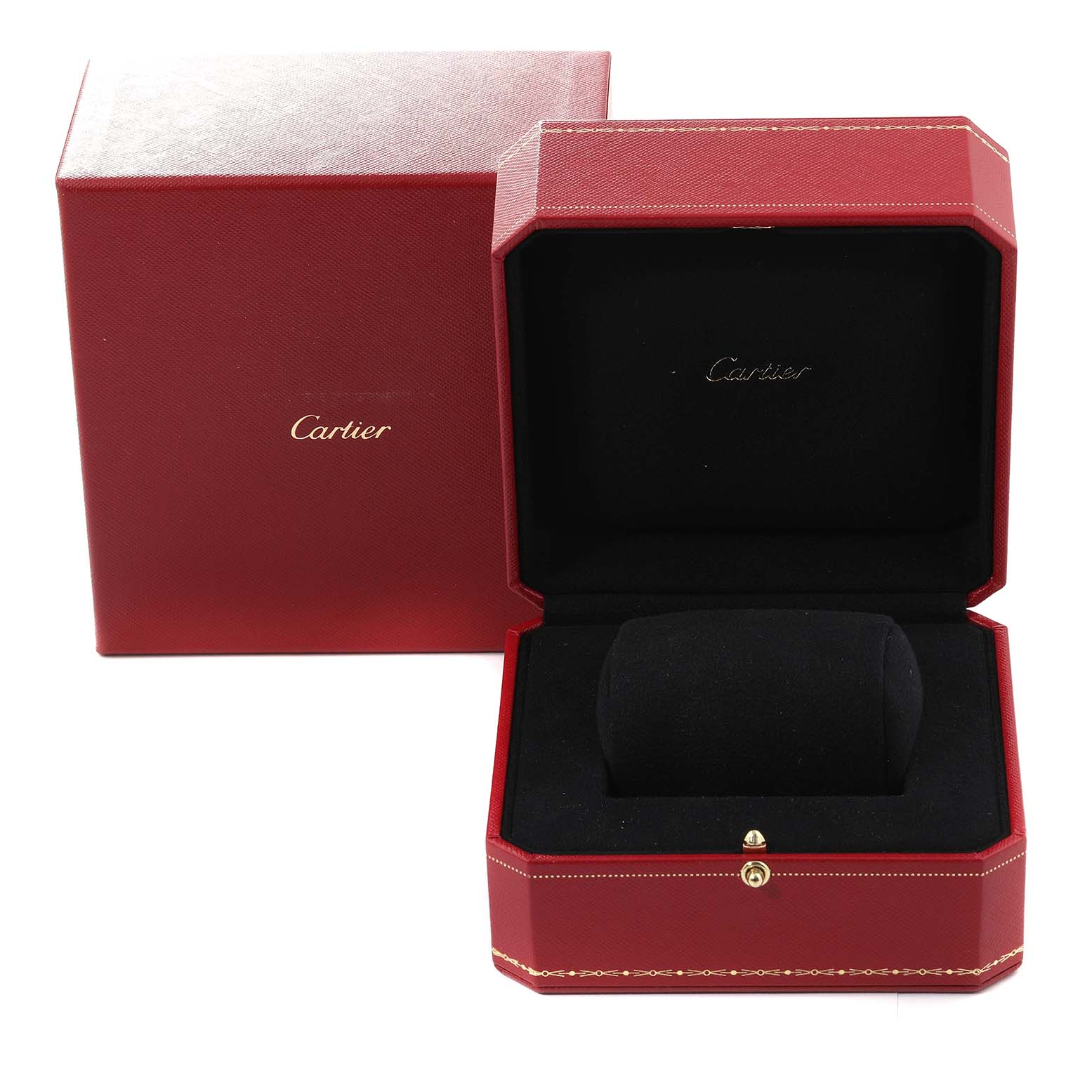 The image shows an open red Cartier box for the Tank Anglaise model, showcasing the interior watch cushion.