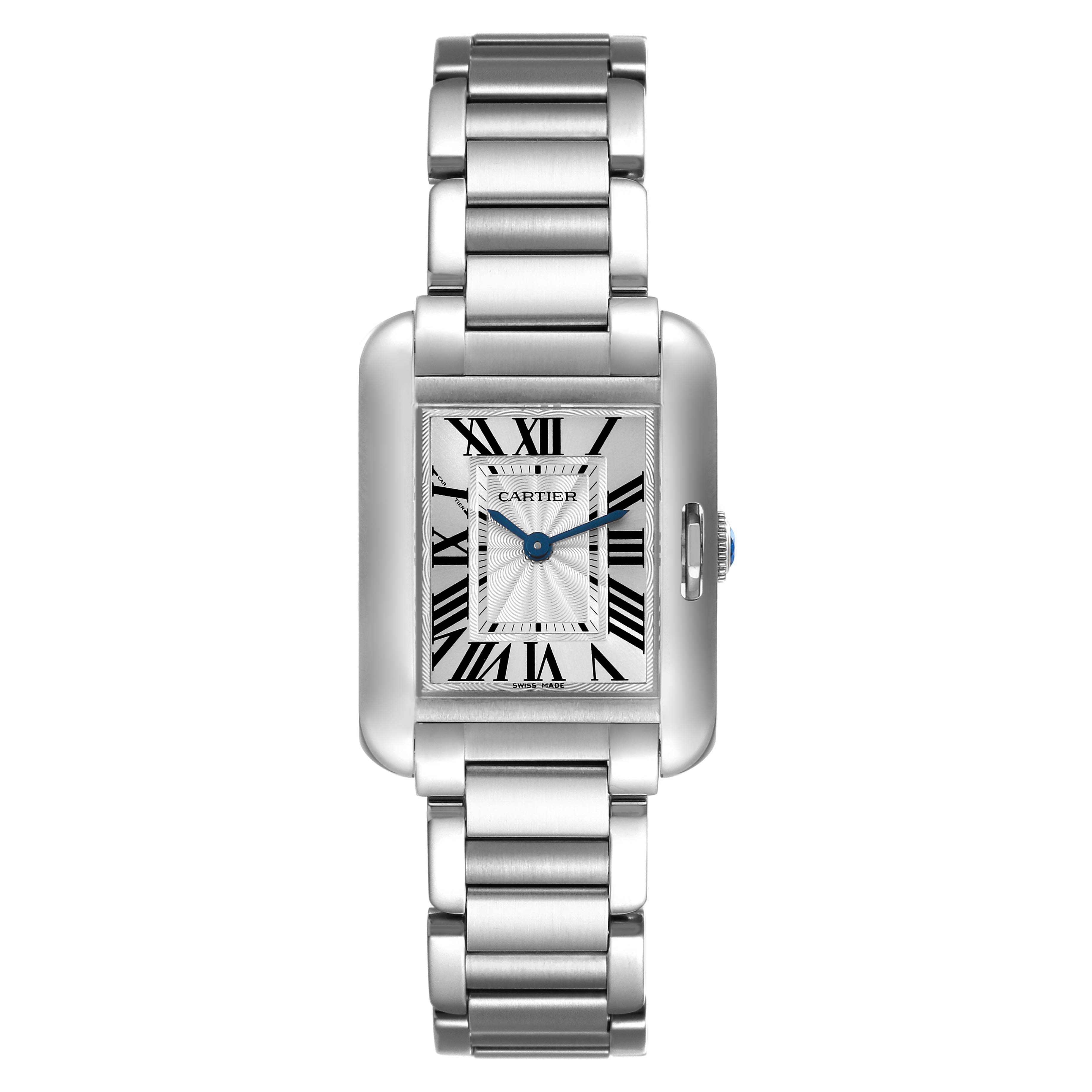 The image shows a Cartier Tank Anglaise W5310022 Women
s Stainless Steel Silver Dial W5310022 Women
s Stainless Steel Silver Dial watch viewed from the top, displaying its rectangular face and stainless steel bracelet.