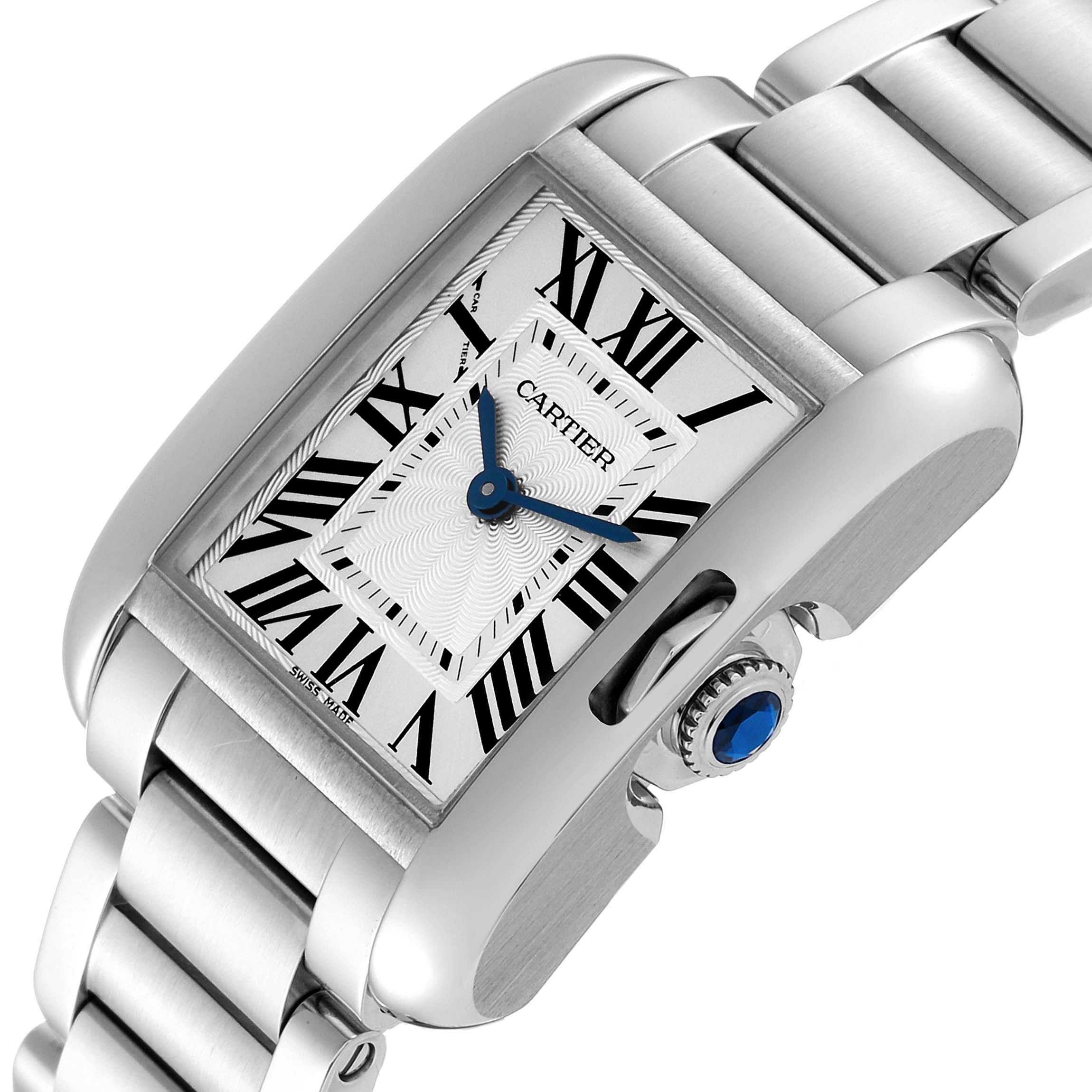 This image shows a side and front angle of the Cartier Tank Anglaise W5310022 Women
s Stainless Steel Silver Dial W5310022 Women
s Stainless Steel Silver Dial watch, highlighting the dial, case, crown, and part of the bracelet.