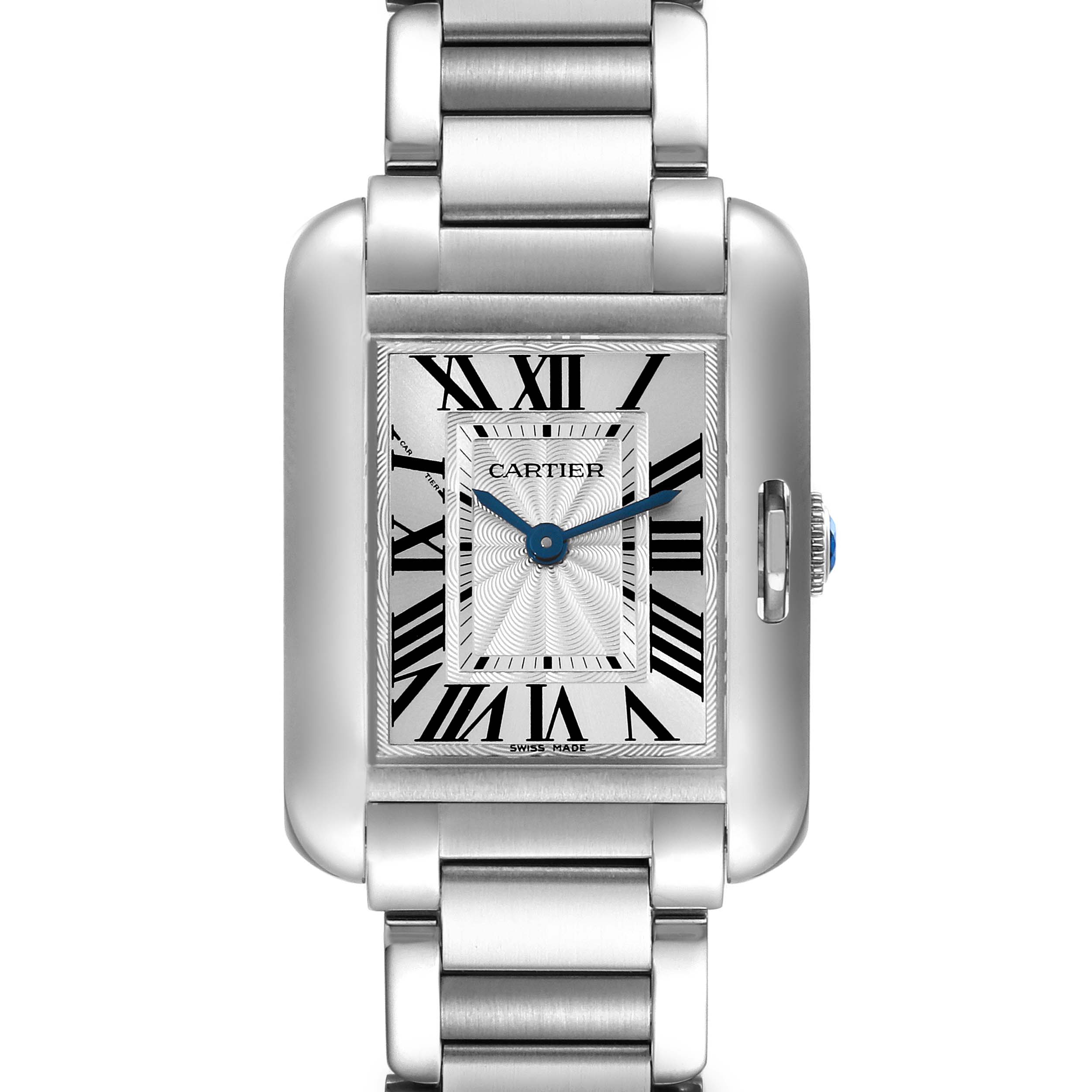 The image shows a full frontal view of the Cartier Tank Anglaise W5310022 Women
s Stainless Steel Silver Dial W5310022 Women
s Stainless Steel Silver Dial watch, displaying its face, bezel, and bracelet.