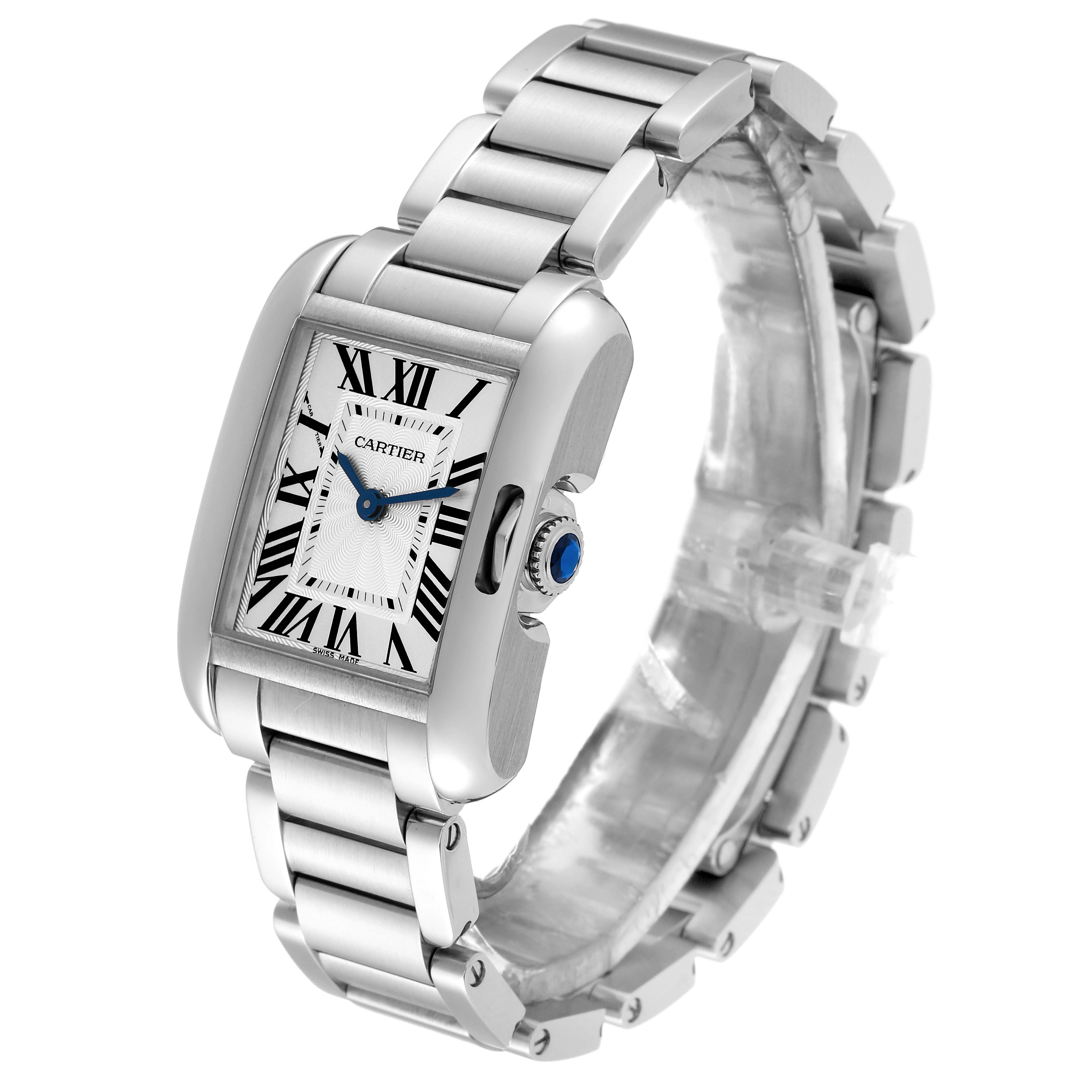 The image shows a Cartier Tank Anglaise W5310022 Women
s Stainless Steel Silver Dial W5310022 Women
s Stainless Steel Silver Dial watch at a three-quarter angle focusing on the face, crown, and bracelet.