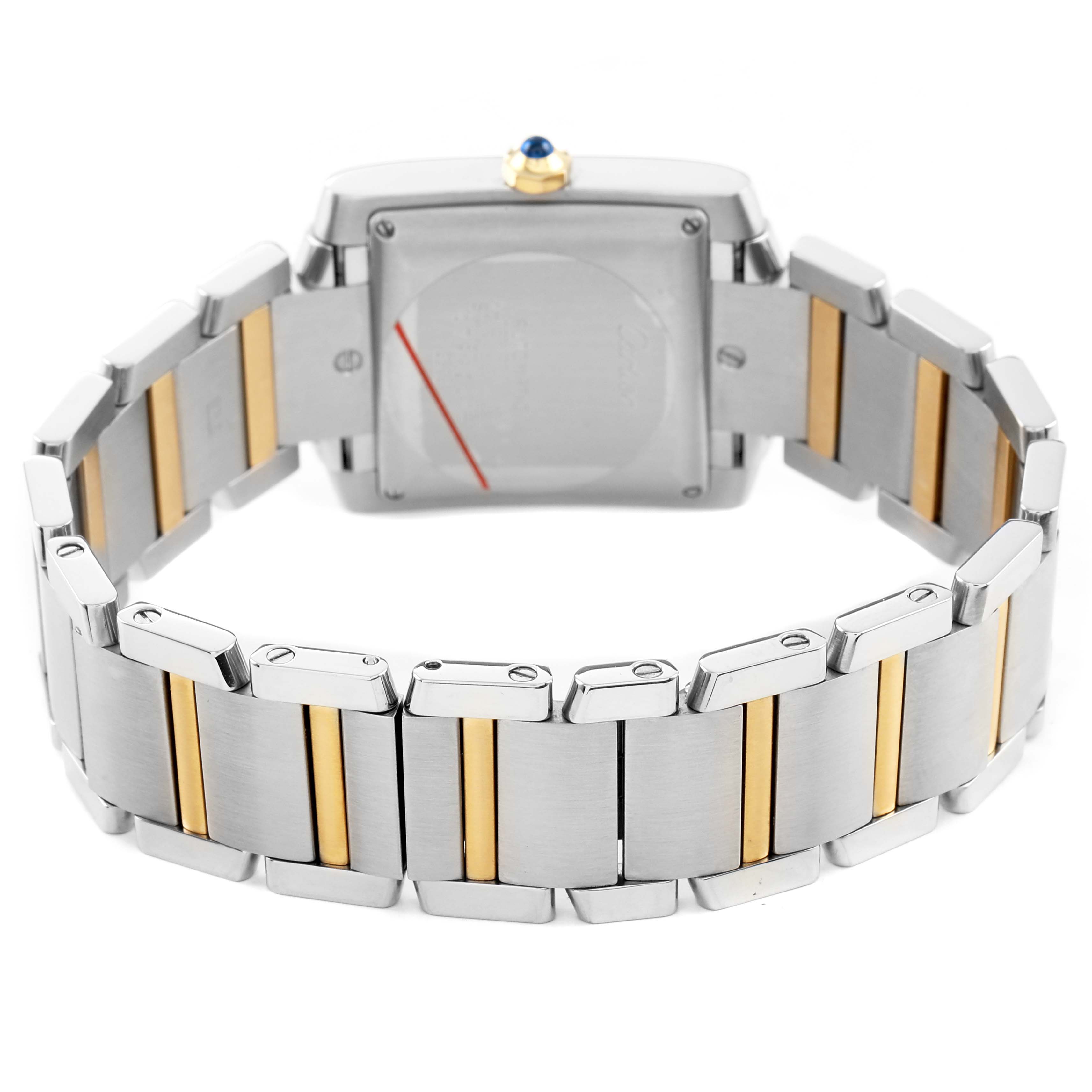 The Cartier Tank Française watch is shown from the back, highlighting its two-tone metal bracelet and clasp.