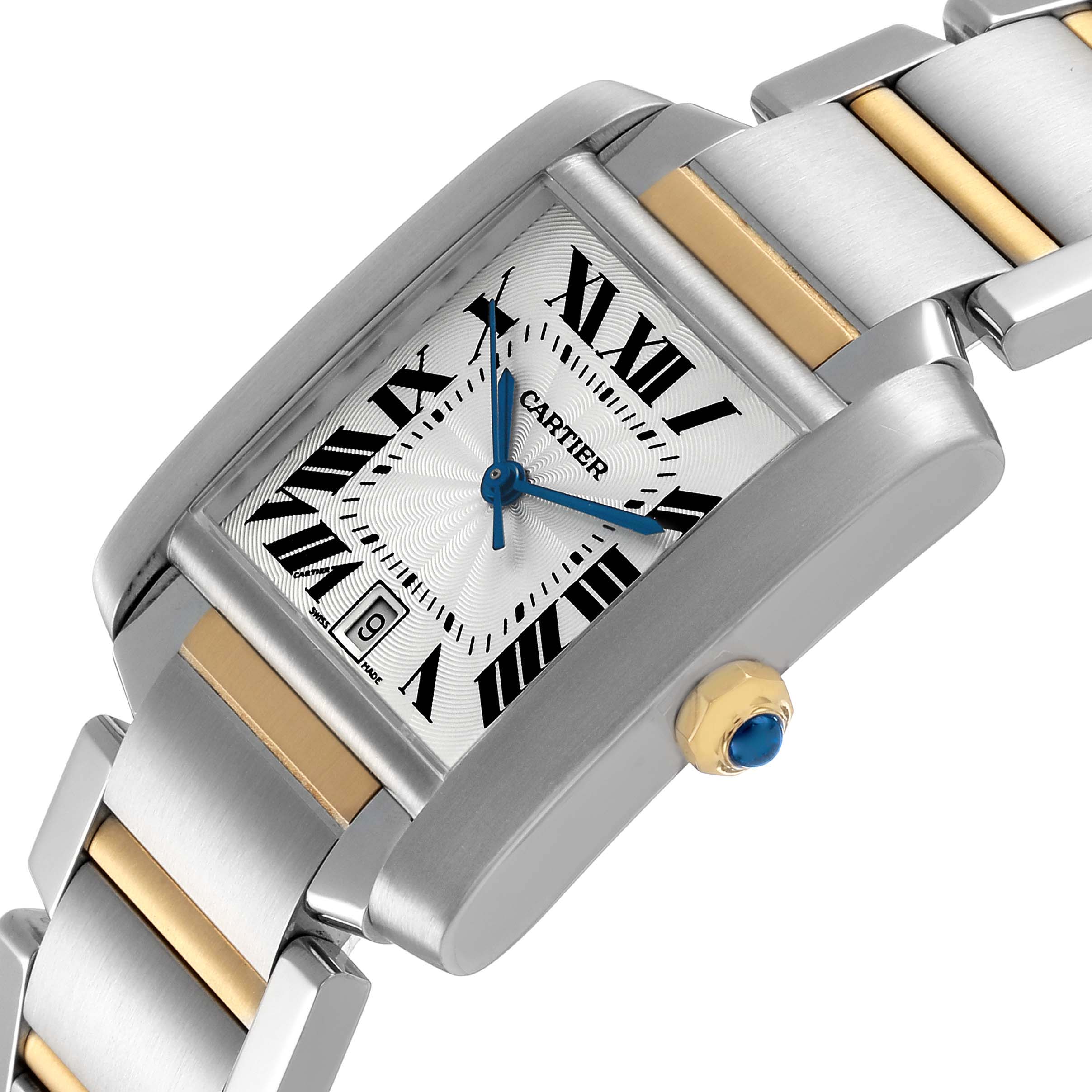 The Cartier Tank Française watch is shown at an angled view, highlighting the dial, crown, and portion of the metal bracelet.