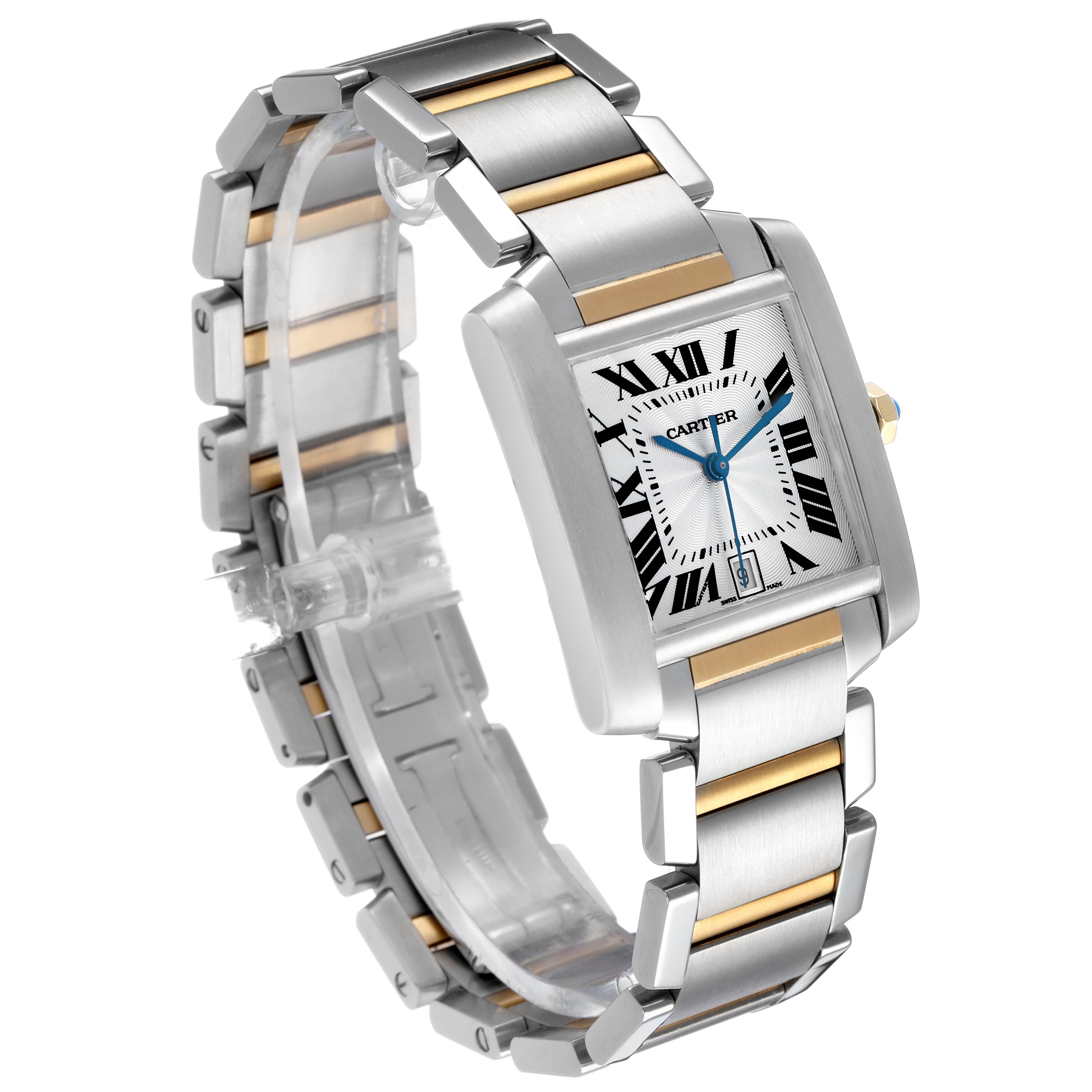 The Cartier Tank Francaise W51005Q4 Men's Steel and Gold (two tone) Silver Dial watch is shown at a slight angle, displaying its rectangular face and two-tone metal bracelet.