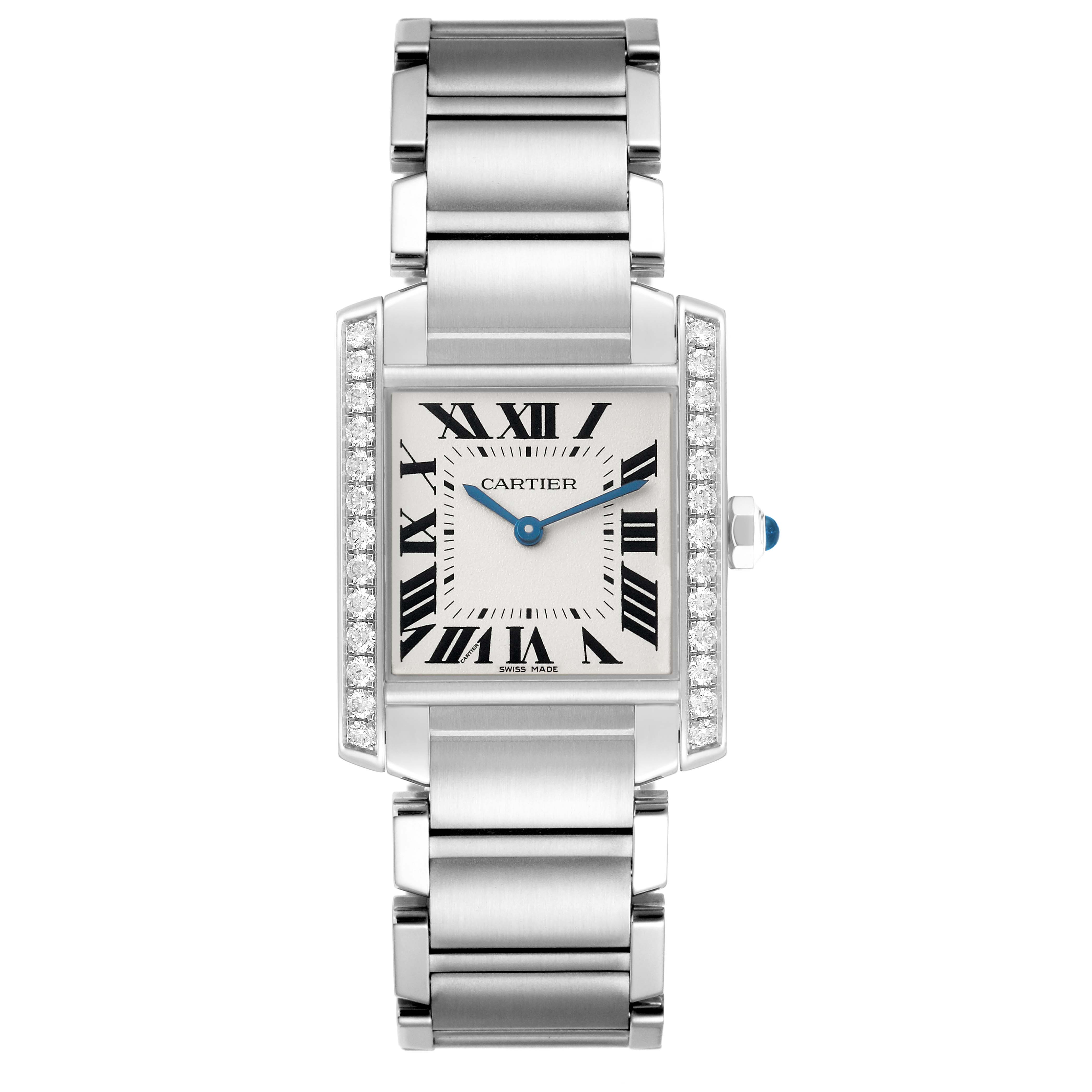 The Cartier Tank Francaise W4TA0009 Women's Stainless Steel Silver Dial watch is shown from the front, displaying its rectangular face and link bracelet.