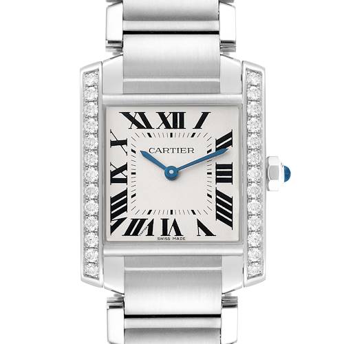 The Cartier Tank Française watch is shown from the front, highlighting its rectangular face, Roman numerals, and diamond-set bezel.
