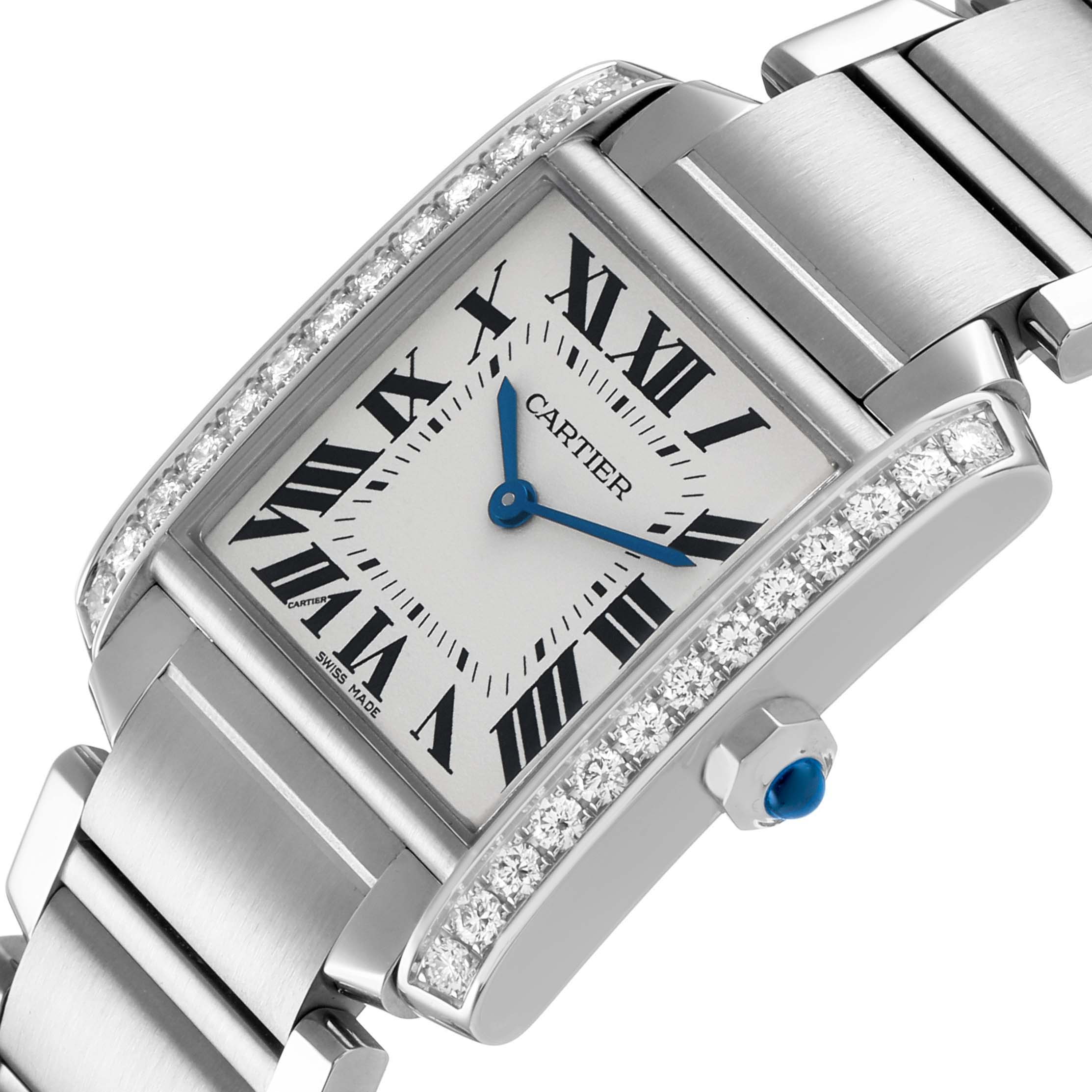 The Cartier Tank Francaise W4TA0009 Women's Stainless Steel Silver Dial watch is shown at an angle highlighting its rectangular face, diamond bezel, and bracelet.