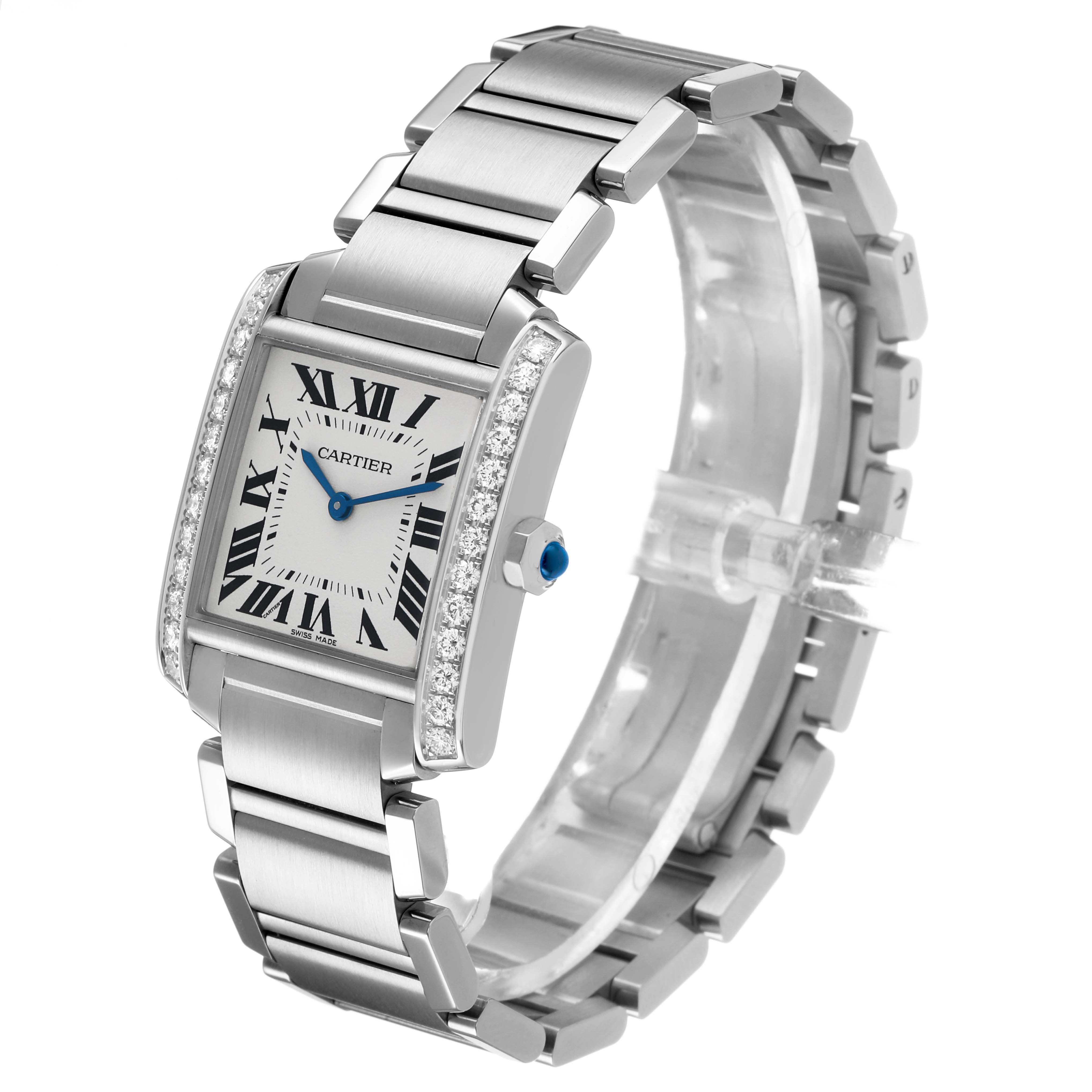 The Cartier Tank Francaise W4TA0009 Women's Stainless Steel Silver Dial watch is shown at an angle highlighting its face, Roman numerals, diamond accents, and bracelet.
