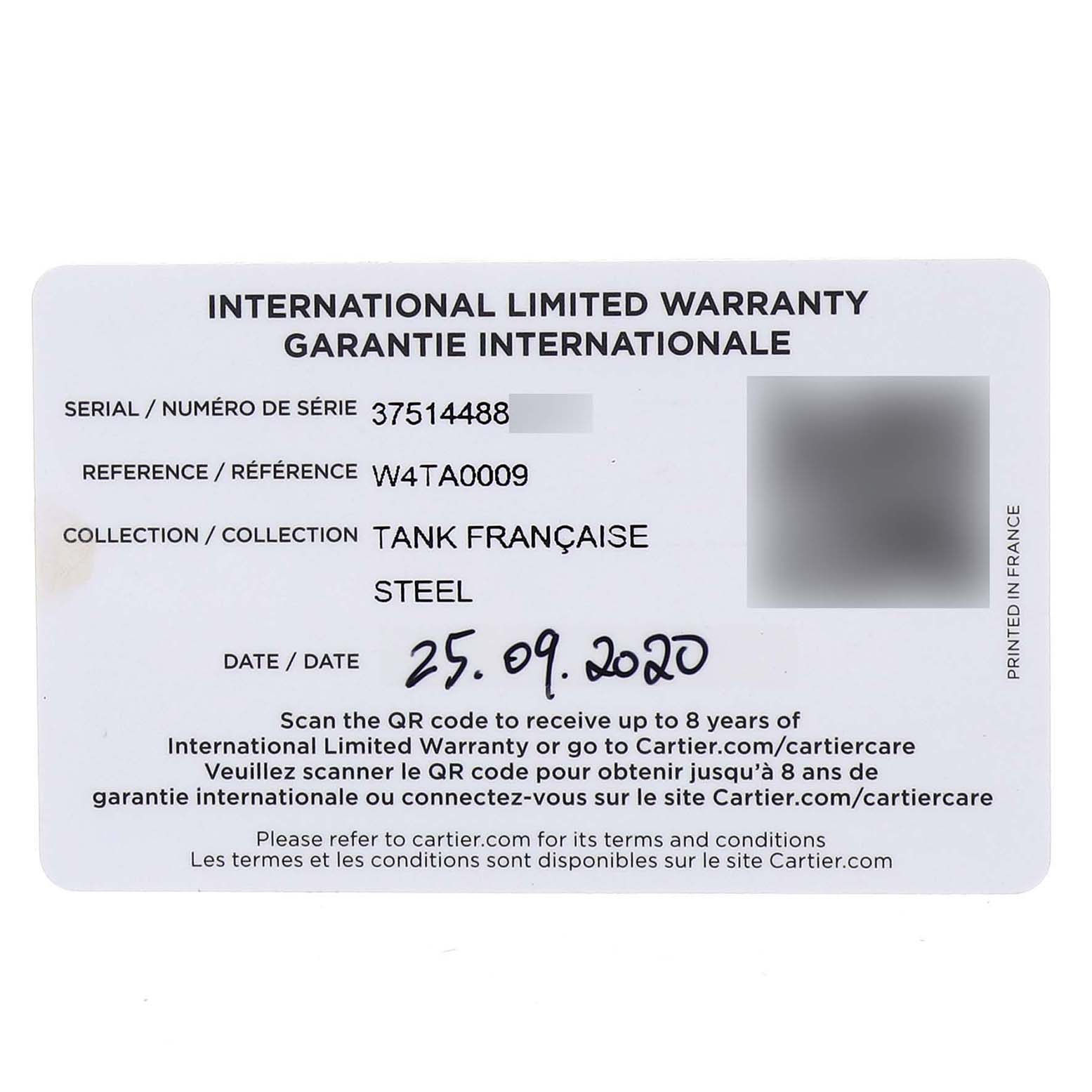 The image shows an international limited warranty card for the Cartier Tank Française watch model.