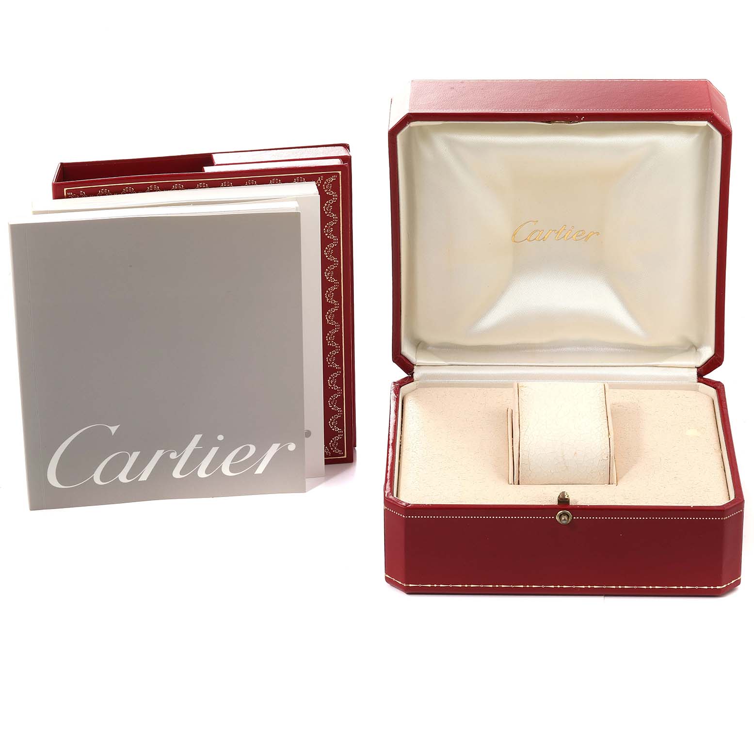 This image shows a Cartier Tank Francaise W51011Q3 Women
s Stainless Steel Silver Dial W51011Q3 Women
s Stainless Steel Silver Dial watch box, an outer case, and documentation at an eye-level angle.