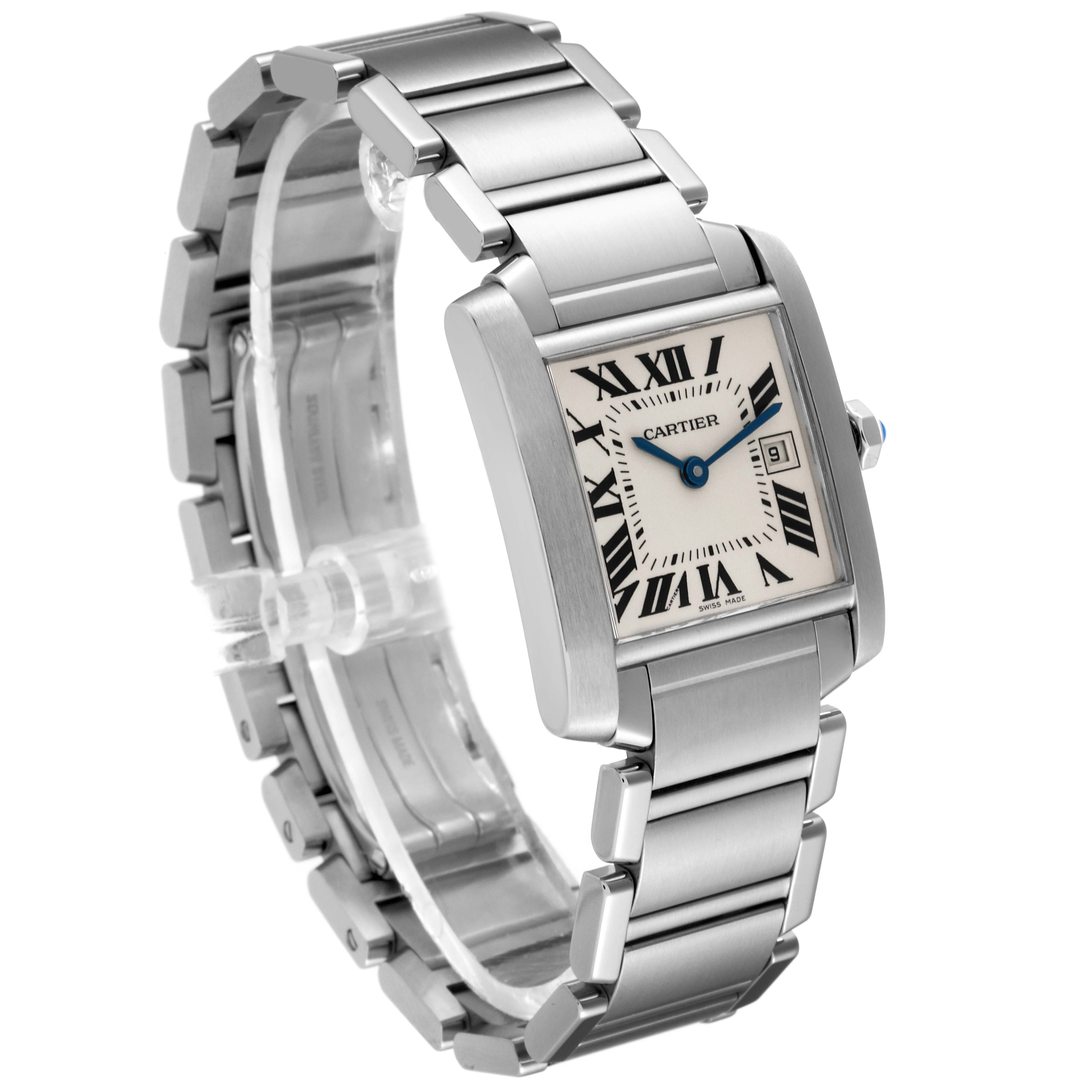 This Cartier Tank Française watch is shown from a side angle, displaying its bracelet, rectangular case, and dial with Roman numerals.