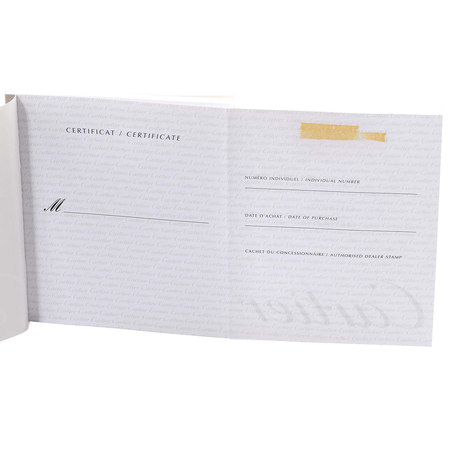 The image shows a Cartier certificate for the Tank Francaise model, featuring fields for individual number, date of purchase, and dealer stamp.