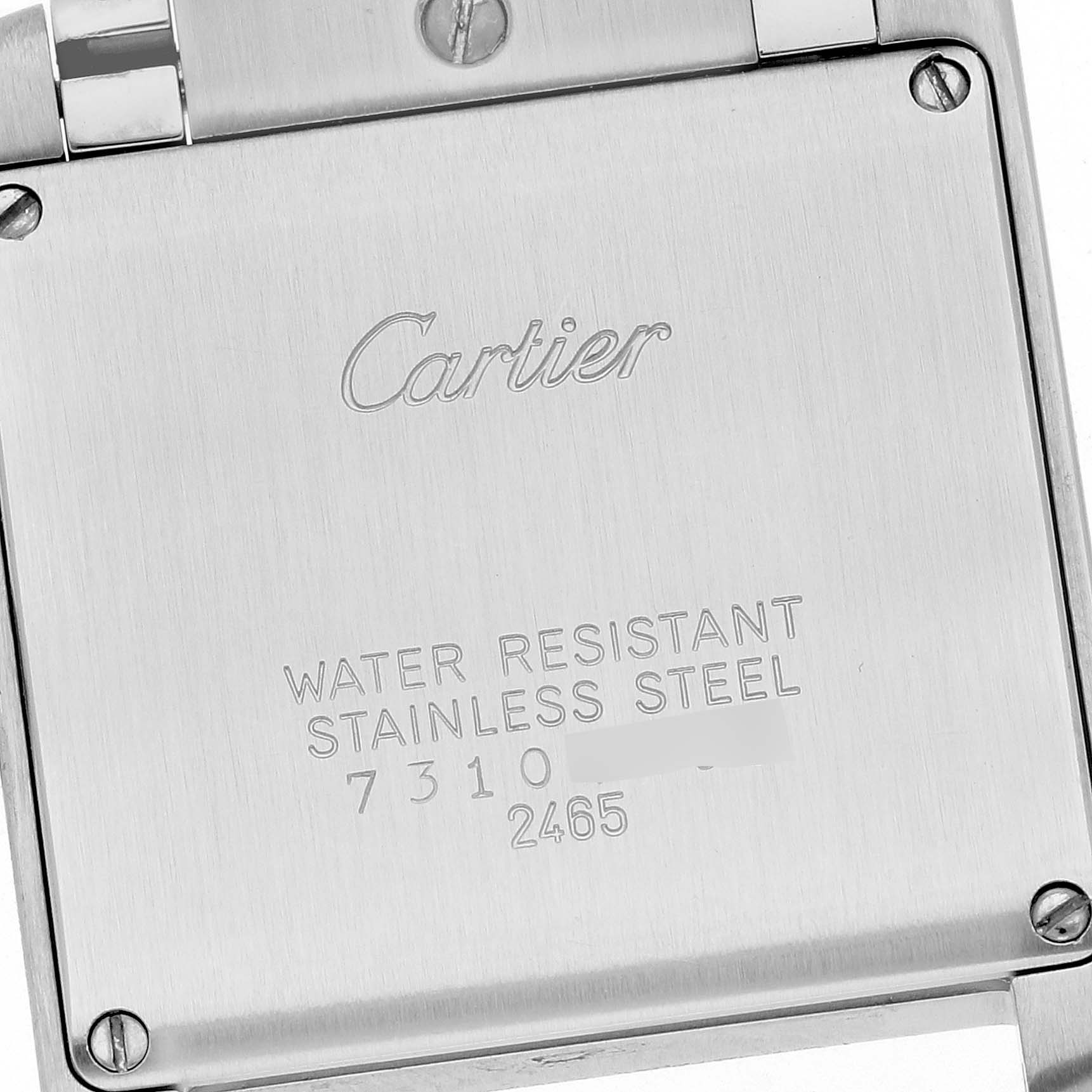 This image shows the back case of the Cartier Tank Francaise W51011Q3 Women
s Stainless Steel Silver Dial W51011Q3 Women
s Stainless Steel Silver Dial watch, highlighting water resistance and material details.