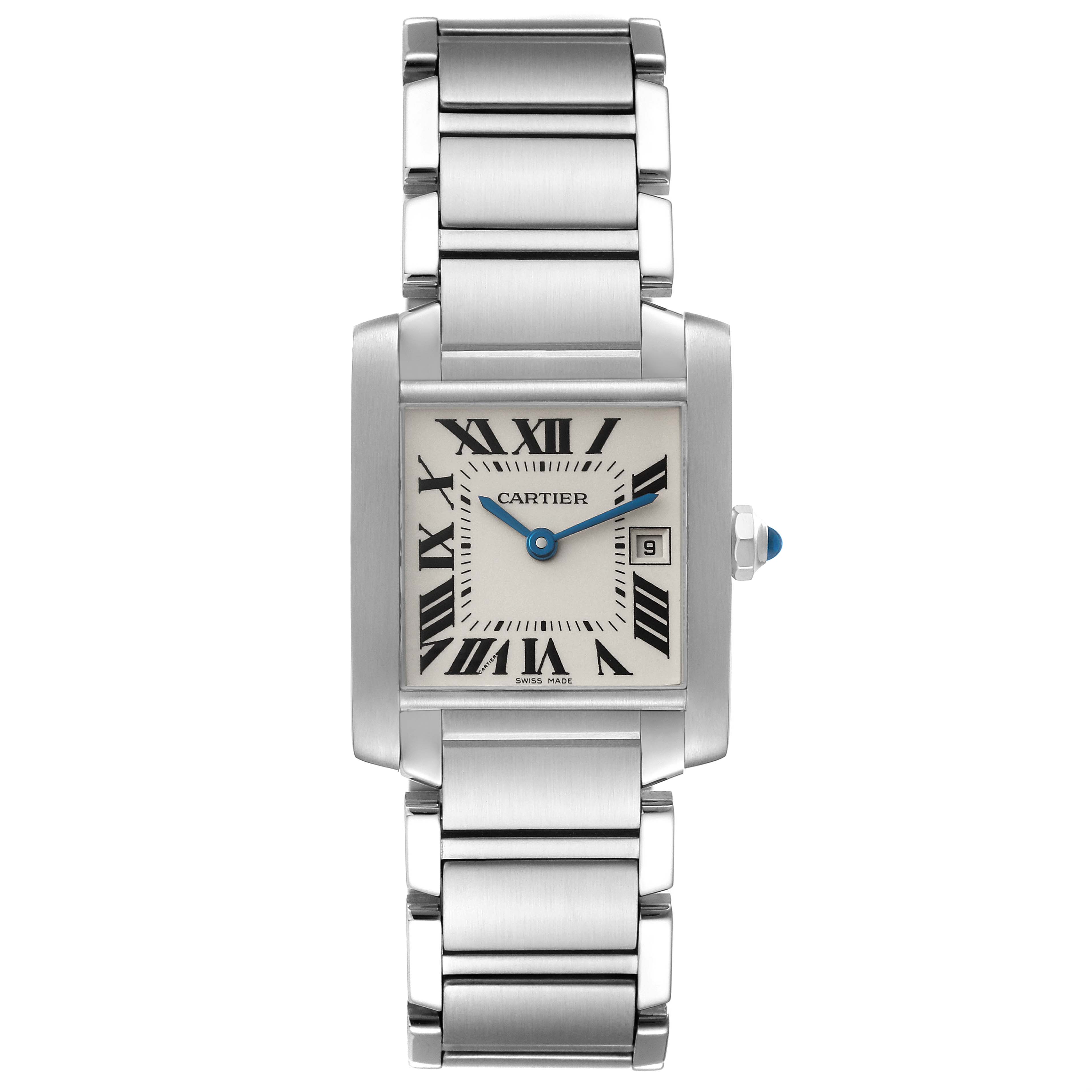 The image shows a Cartier Tank Francaise W51011Q3 Women
s Stainless Steel Silver Dial W51011Q3 Women
s Stainless Steel Silver Dial watch, viewed from the front, displaying the face, bezel, crown, and bracelet.