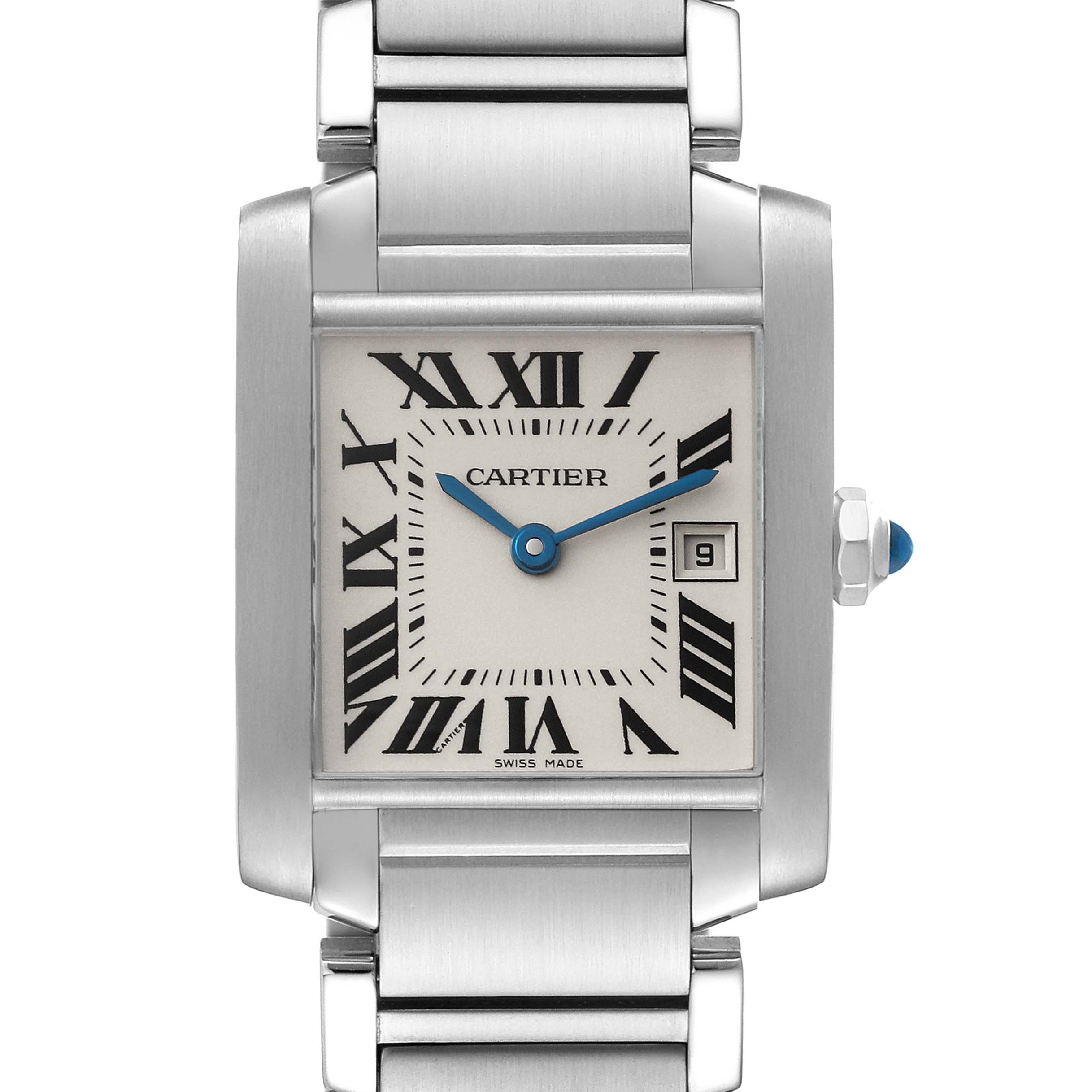 This image shows a front view of the Cartier Tank Francaise W51011Q3 Women
s Stainless Steel Silver Dial W51011Q3 Women
s Stainless Steel Silver Dial watch, highlighting its rectangular face, Roman numerals, and metal bracelet.