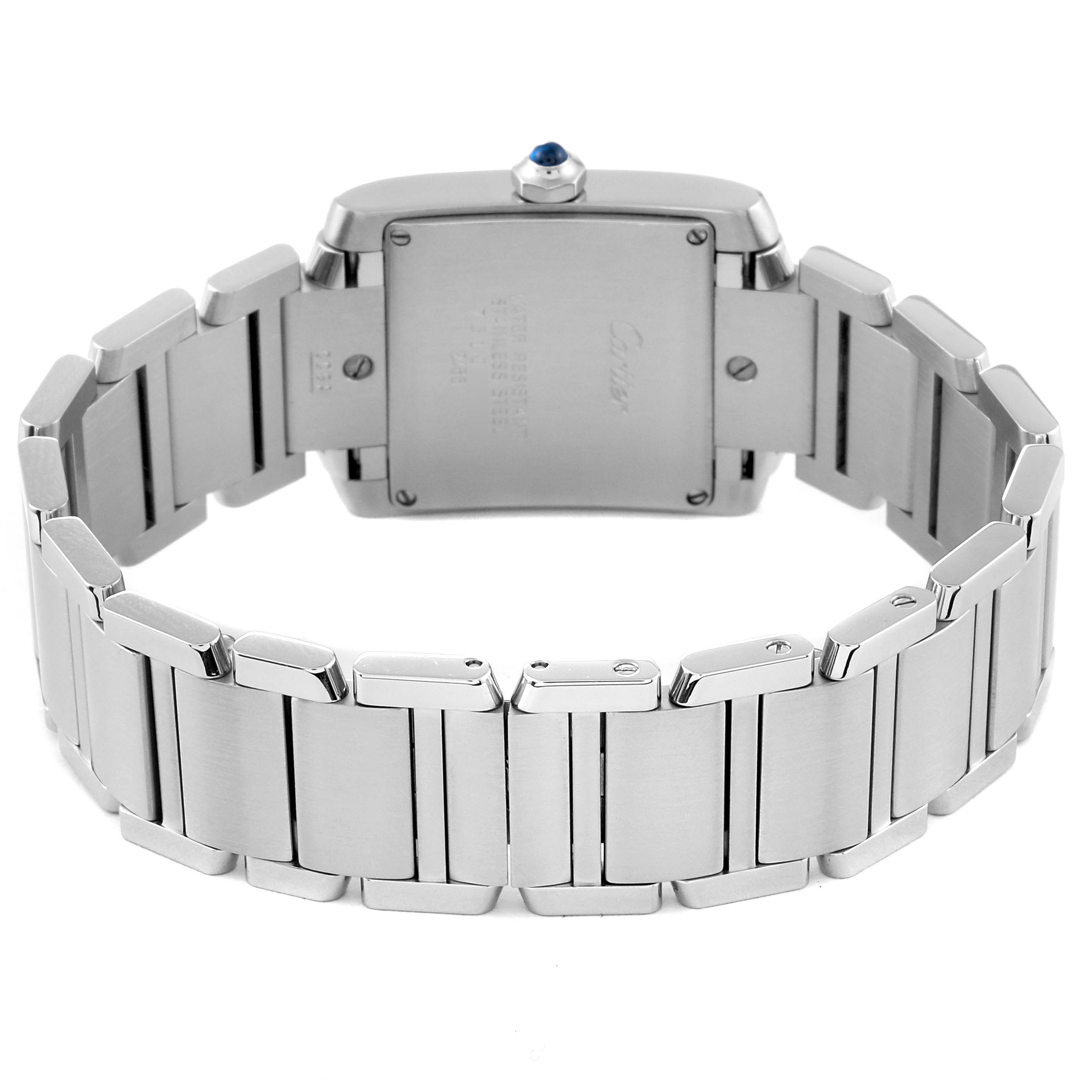 The image shows the back view of the Cartier Tank Francaise W51011Q3 Women
s Stainless Steel Silver Dial W51011Q3 Women
s Stainless Steel Silver Dial watch, highlighting the bracelet and case back.