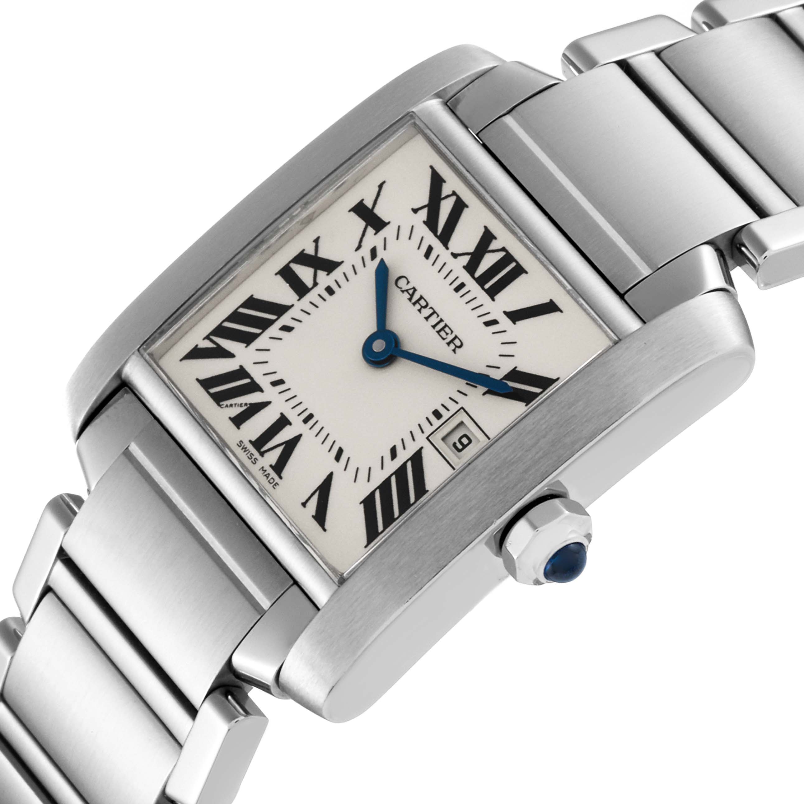 The Cartier Tank Francaise W51011Q3 Women
s Stainless Steel Silver Dial W51011Q3 Women
s Stainless Steel Silver Dial watch is shown at an angled view, highlighting the face, Roman numerals, hands, case, and part of the bracelet.