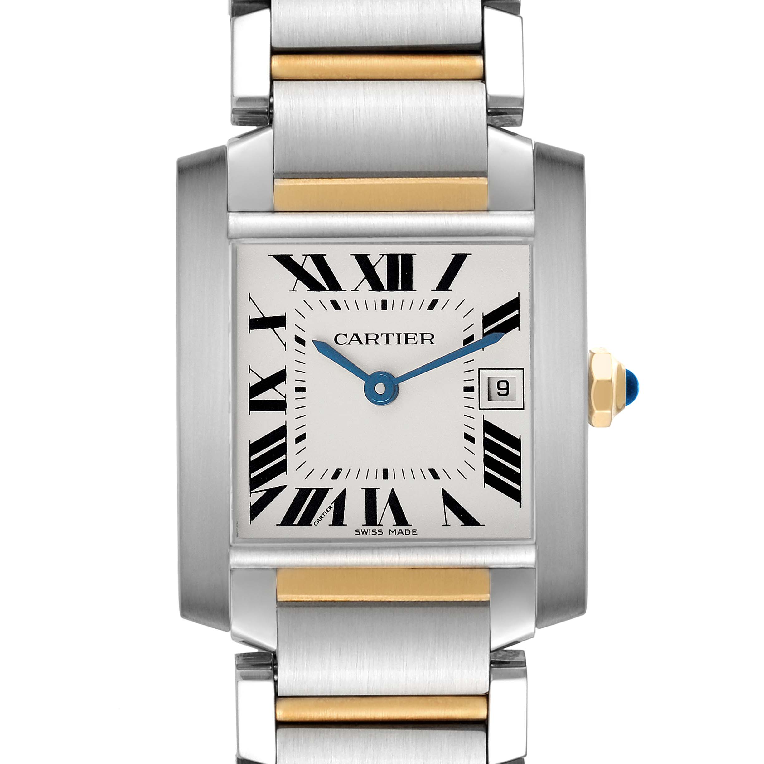 The Cartier Tank Francaise W51012Q4 Women's Steel and Gold (two tone) Silver Dial watch is shown from the front, highlighting its face, Roman numerals, bracelet, and crown with a blue cabochon.
