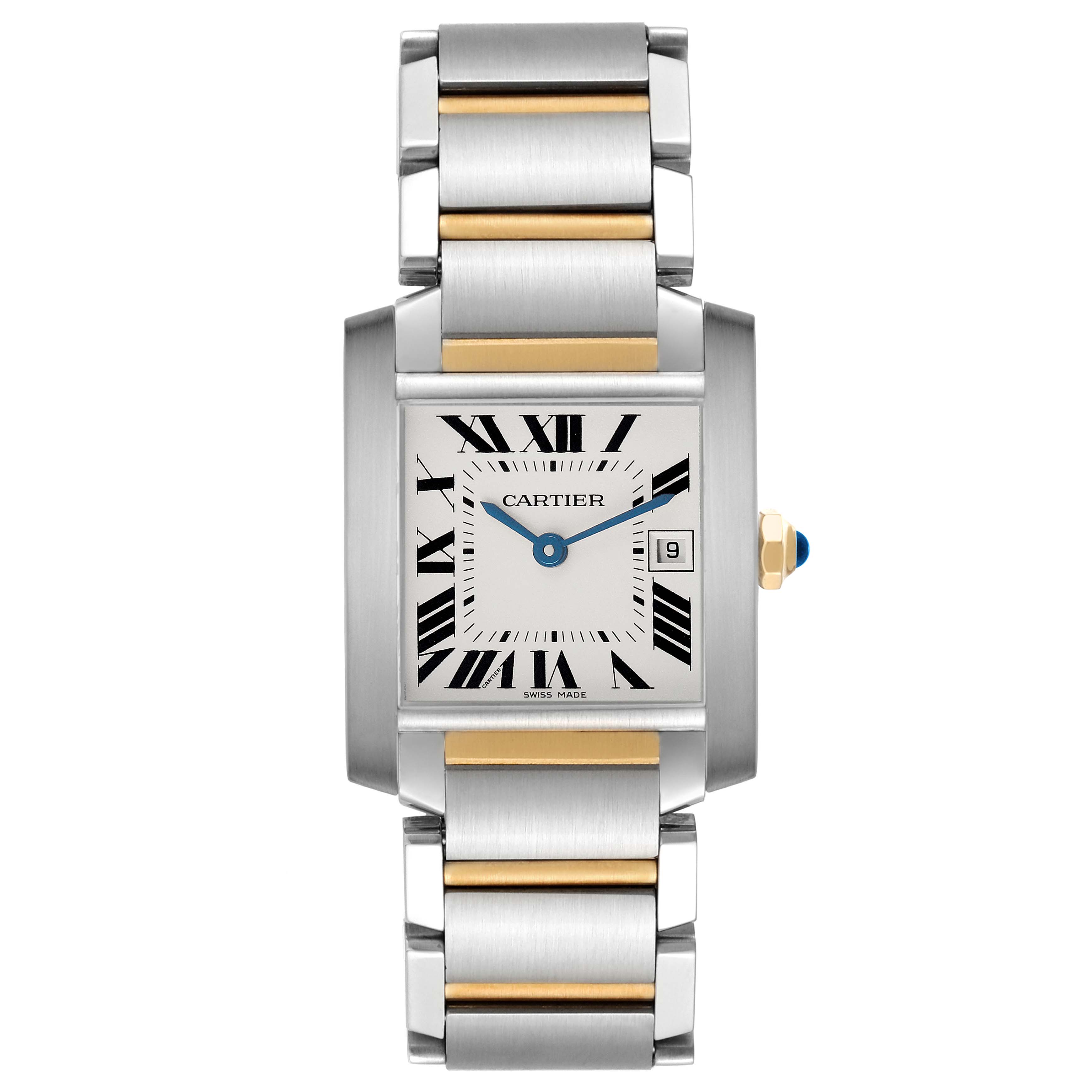 The Cartier Tank Française watch is shown from a front angle, highlighting its face and bracelet details.