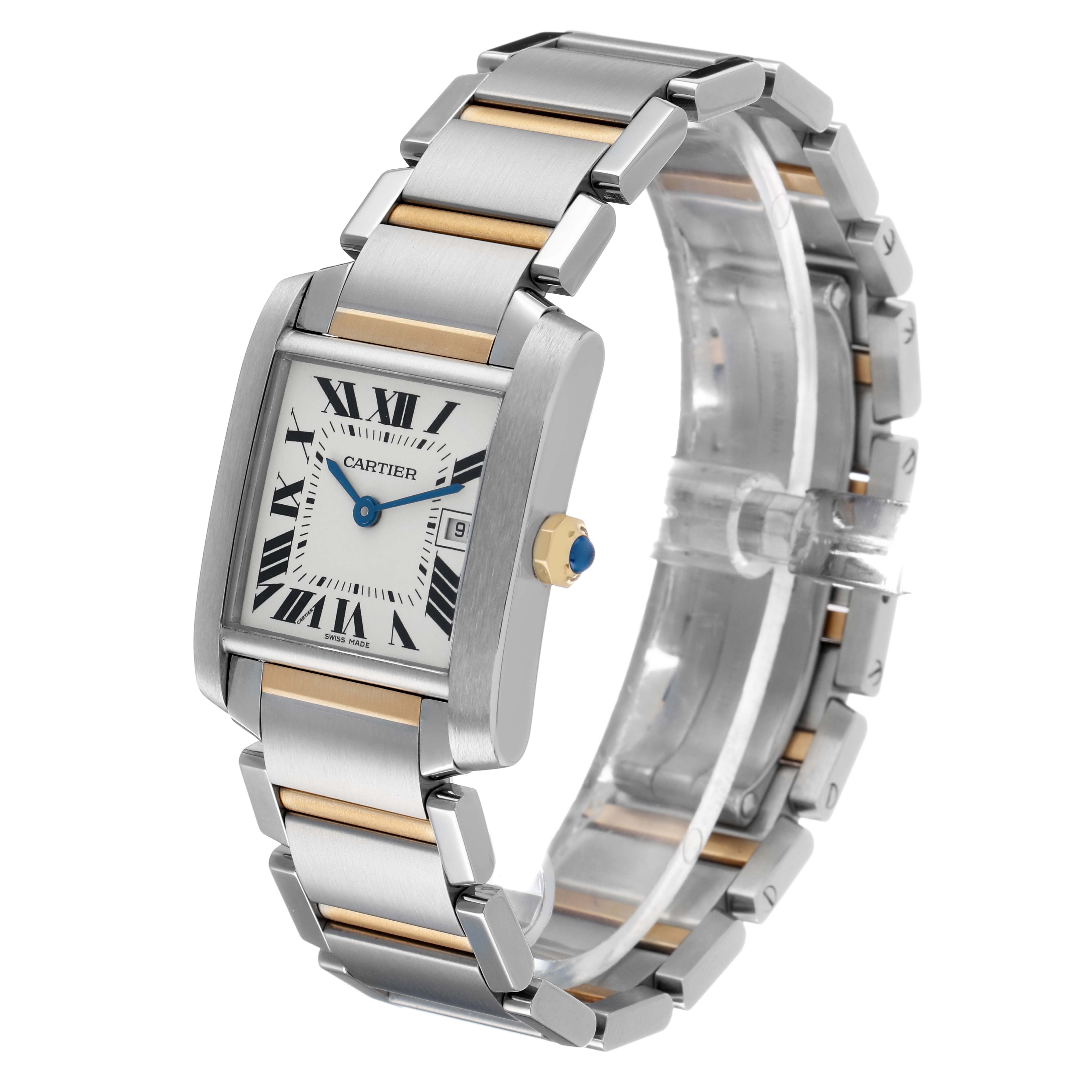The Cartier Tank Francaise W51012Q4 Women's Steel and Gold (two tone) Silver Dial watch is shown at a three-quarter angle, highlighting the bracelet, case, and face with Roman numerals.