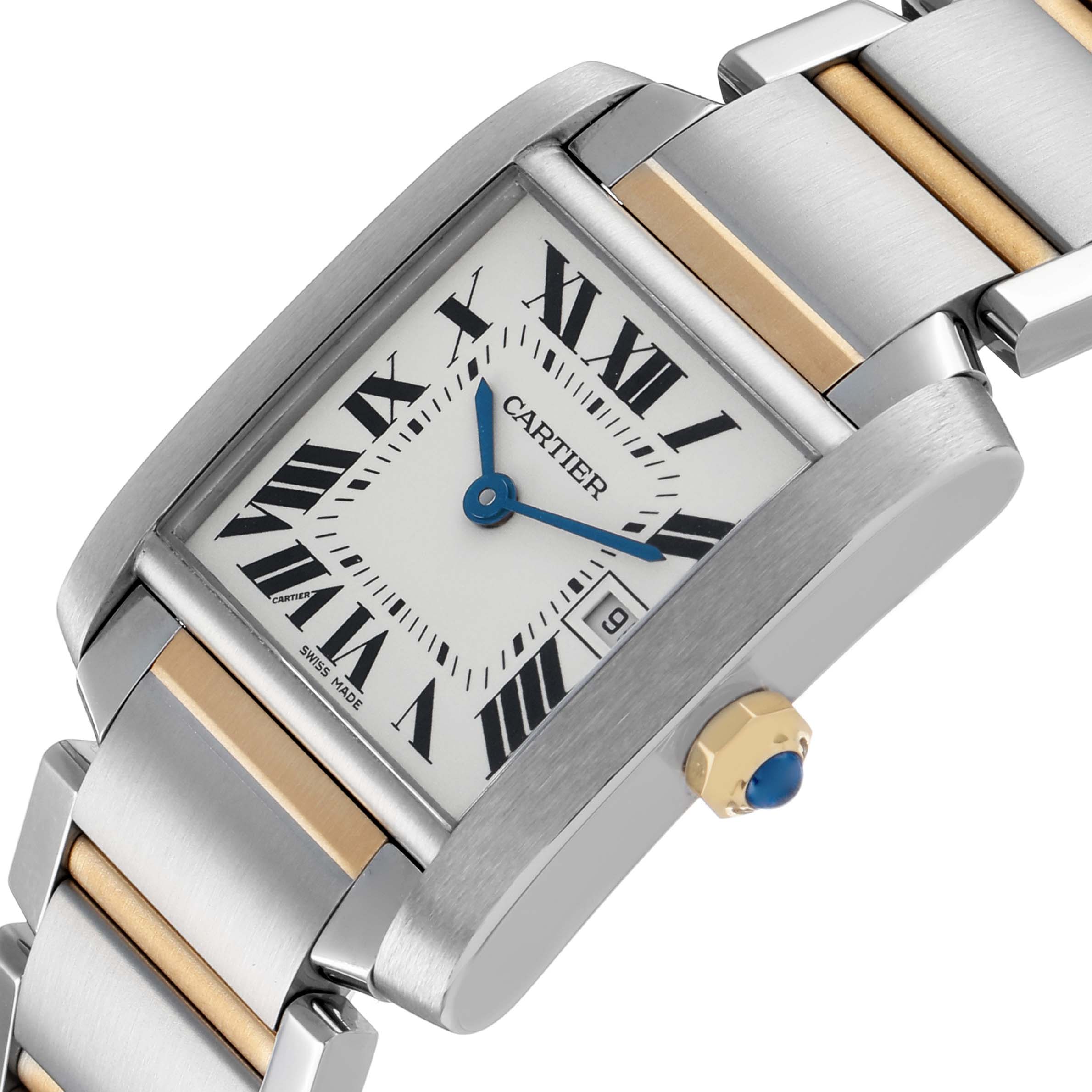 The Cartier Tank Francaise W51012Q4 Women's Steel and Gold (two tone) Silver Dial watch is shown from an angled side view, displaying its face, bracelet, and crown.