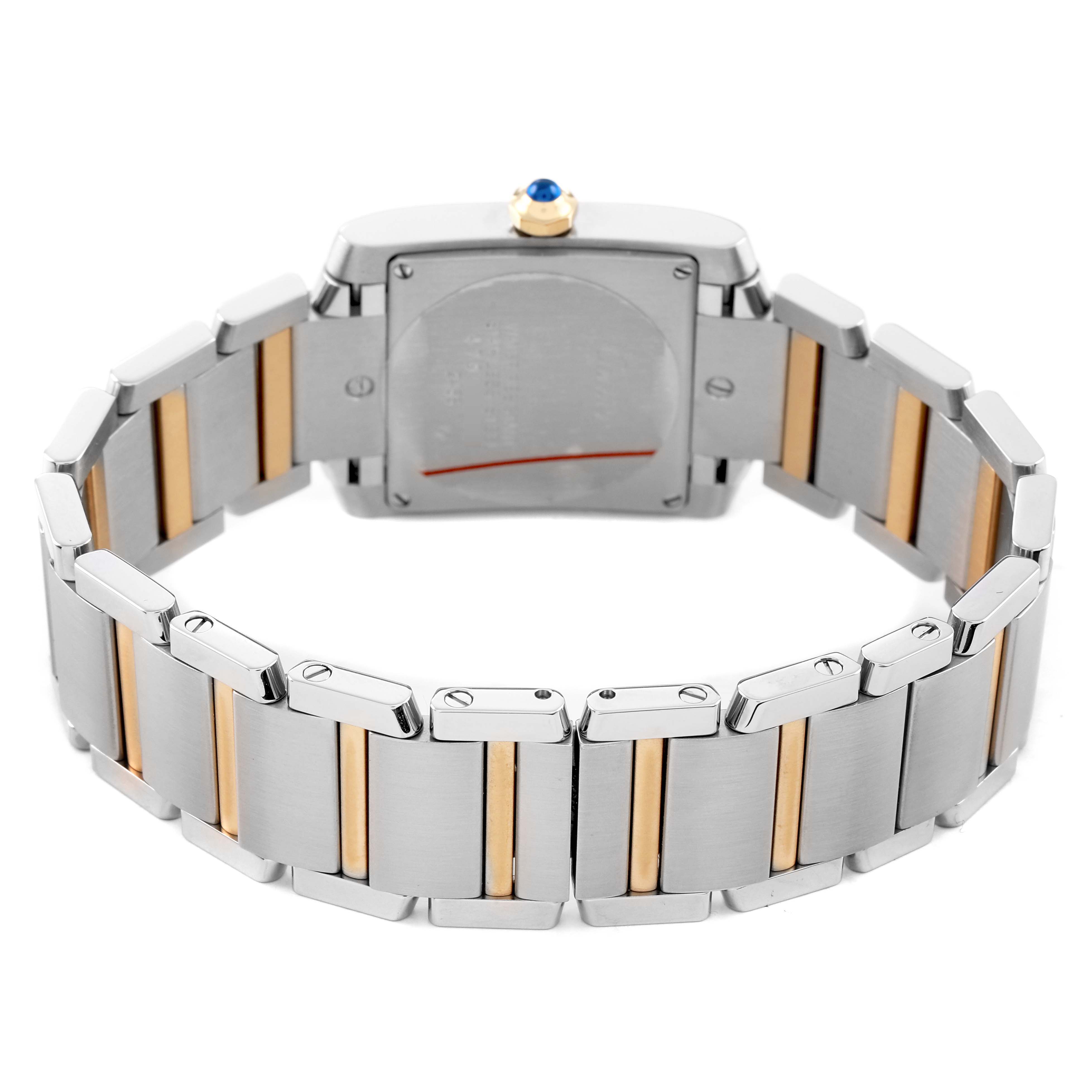 The Cartier Tank Francaise W51012Q4 Women's Steel and Gold (two tone) Silver Dial watch is shown from the back angle, displaying its metal case and two-tone bracelet.