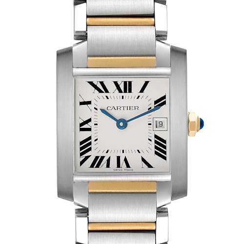 The Cartier Tank Française watch is shown from a front angle, highlighting the case, bracelet, dial, and crown.