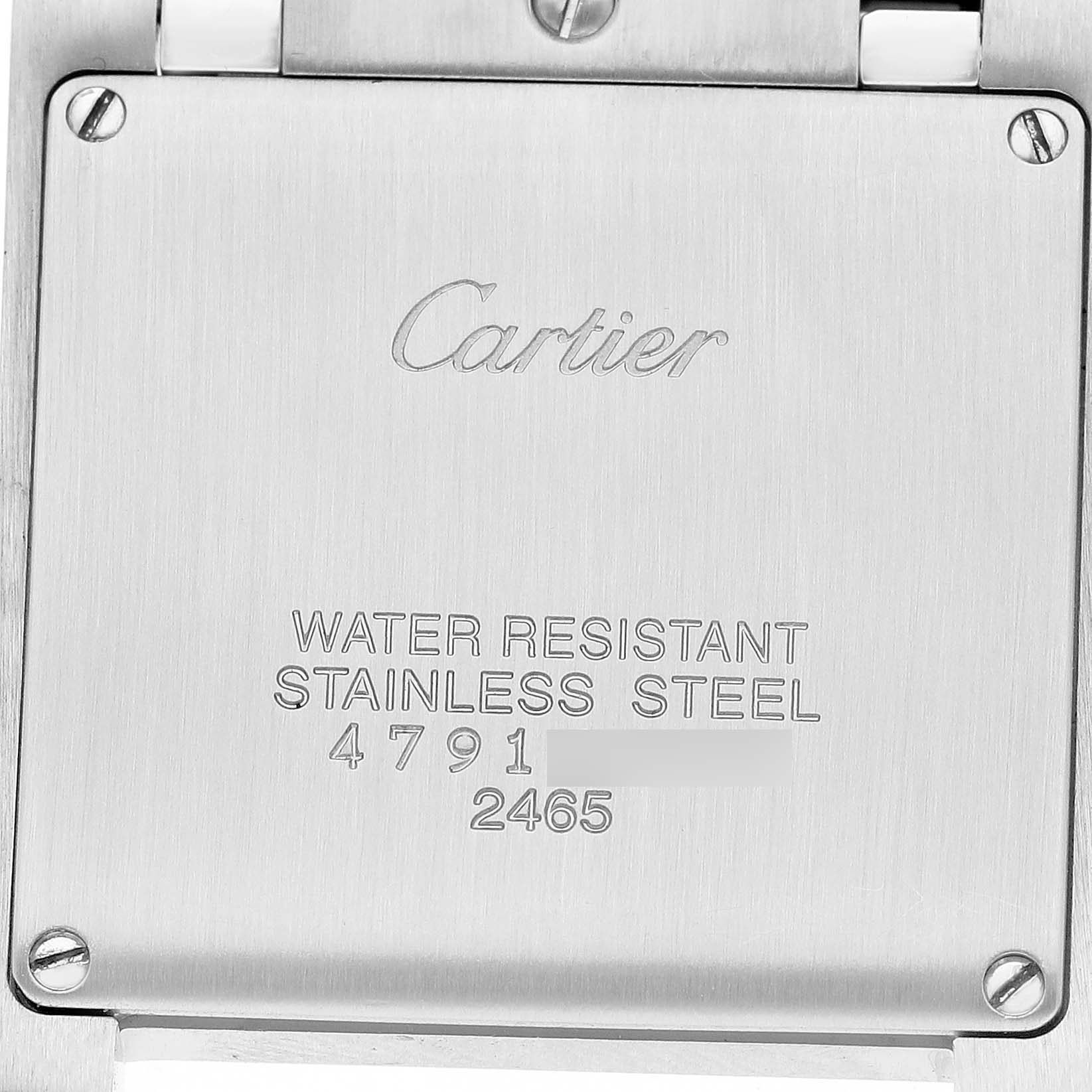 The image shows the back of a Cartier Tank Francaise W51012Q4 Women's Steel and Gold (two tone) Silver Dial watch, highlighting the brand name and specifications.