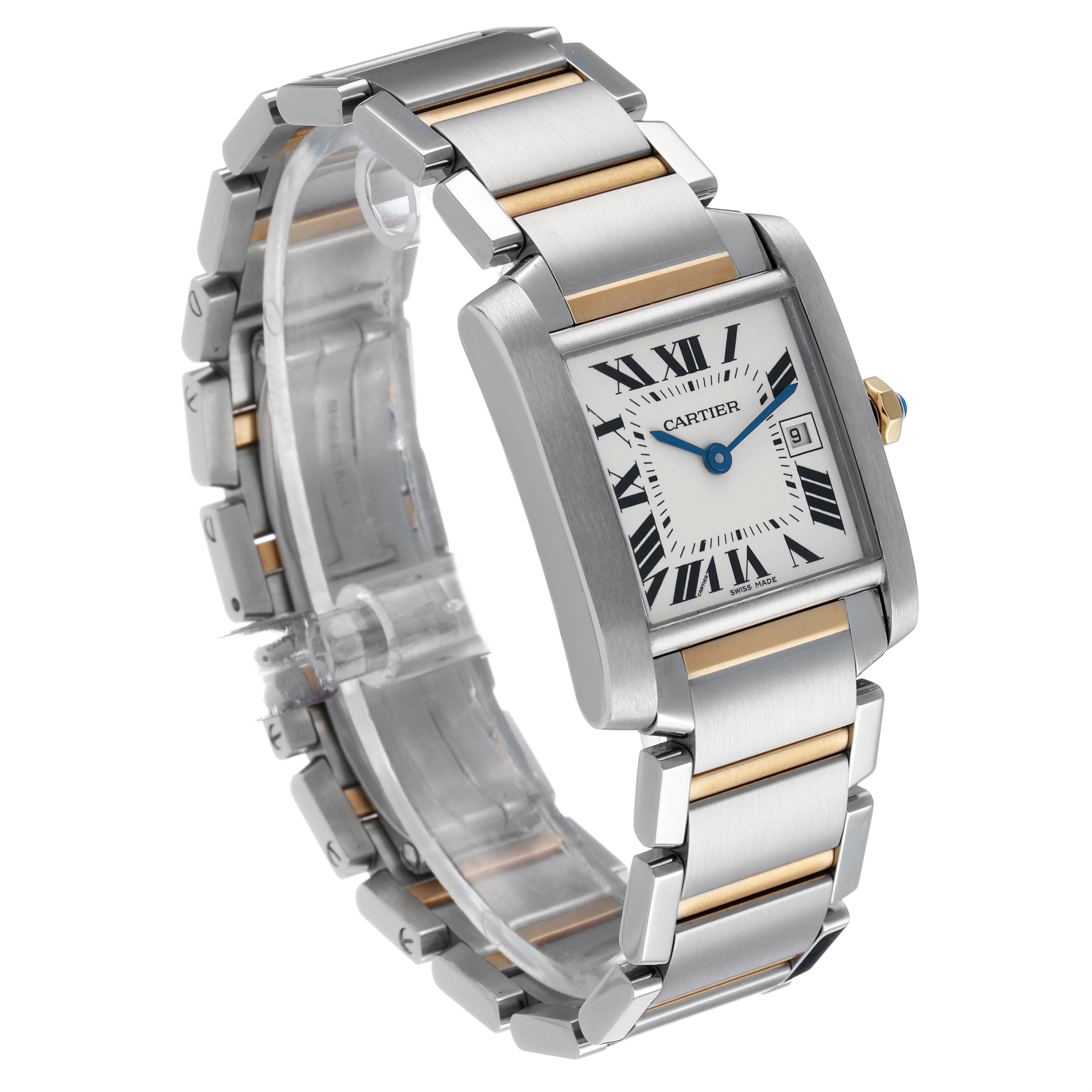 The image shows a Cartier Tank Francaise W51012Q4 Women's Steel and Gold (two tone) Silver Dial watch at a three-quarter angle, highlighting the watch face and metal bracelet.
