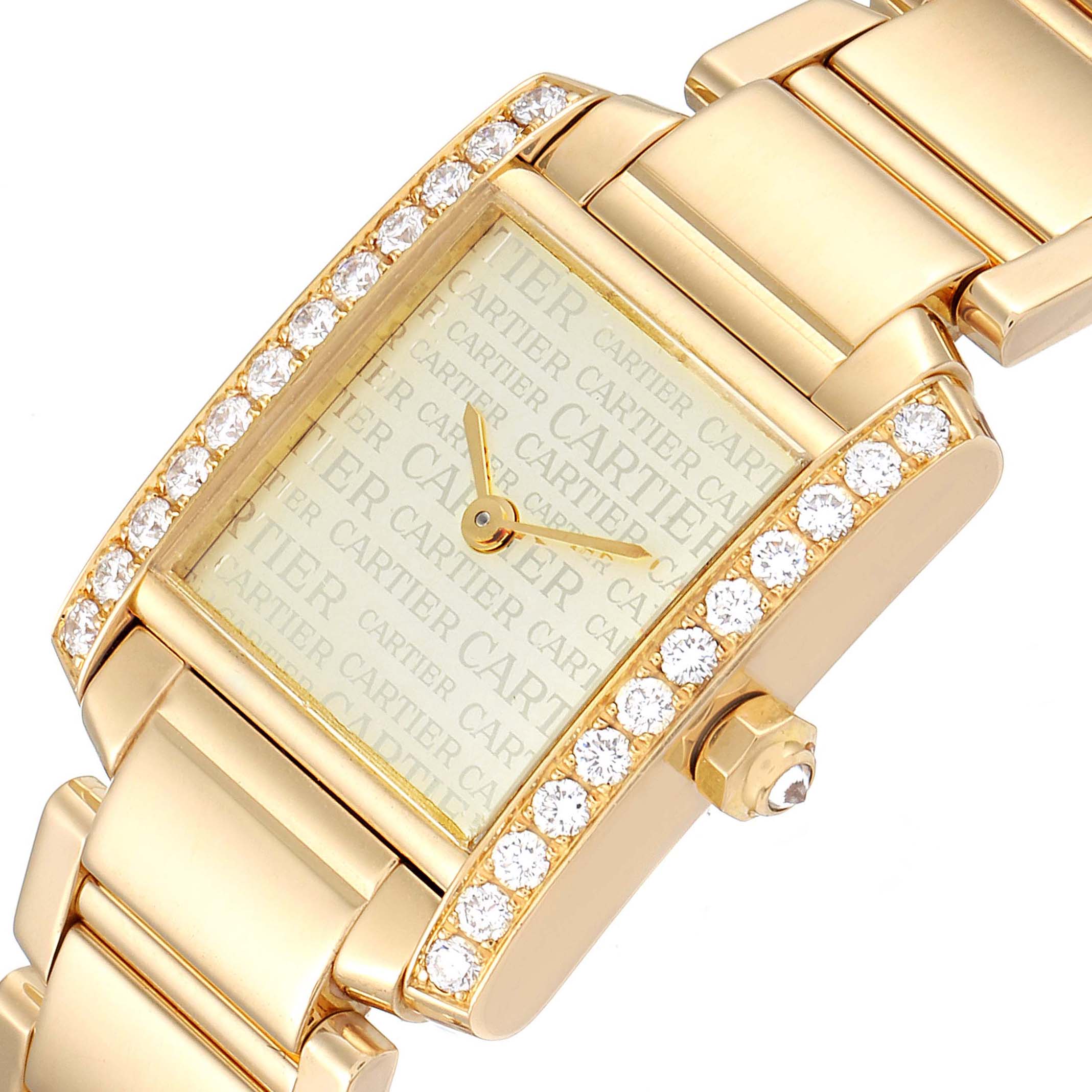 The image shows a close-up, angled view of the Tank Francaise model by Cartier, highlighting the diamond-studded bezel and bracelet.