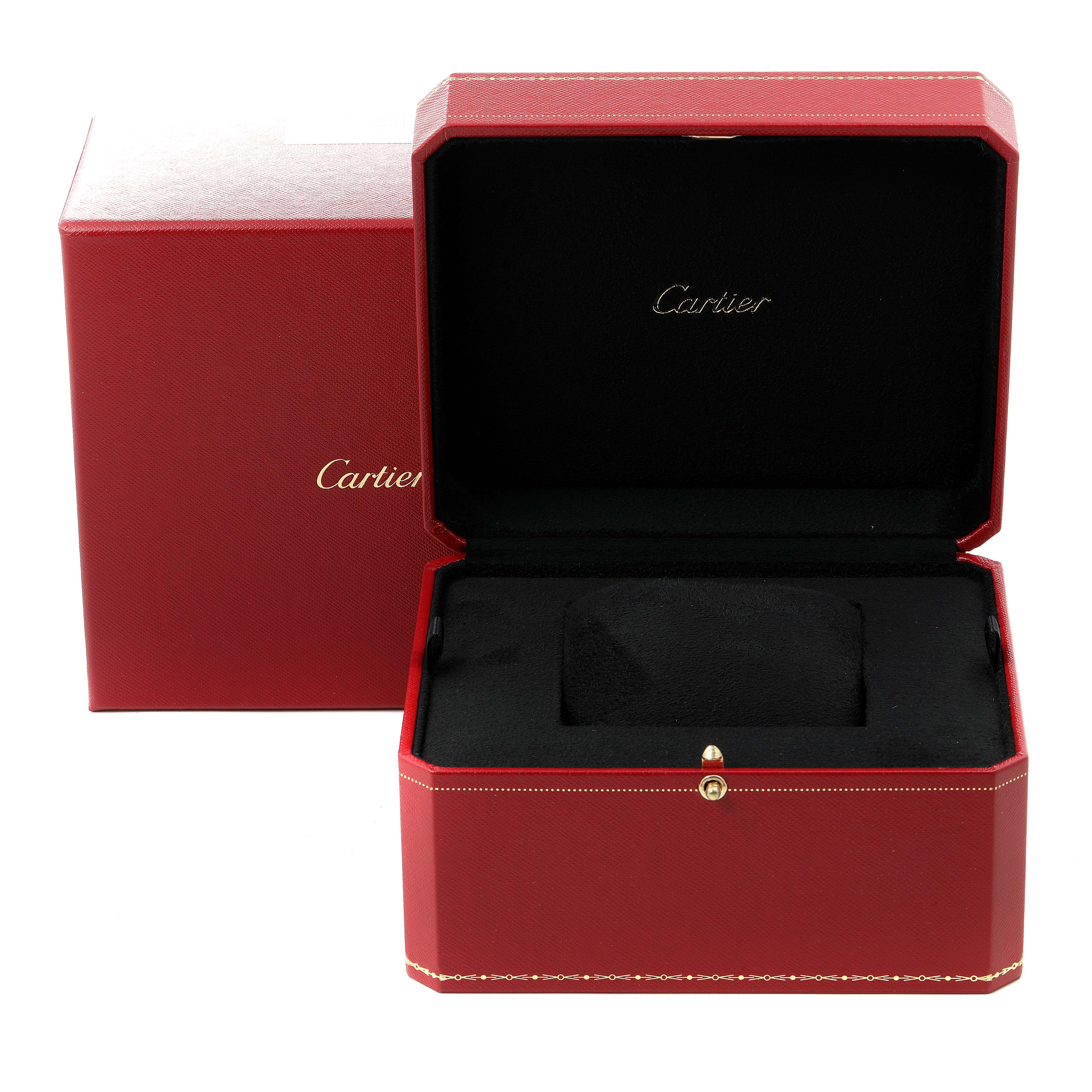 The image shows an open red Cartier box, presumably for the Tank Française model watch, with the Cartier logo inside.