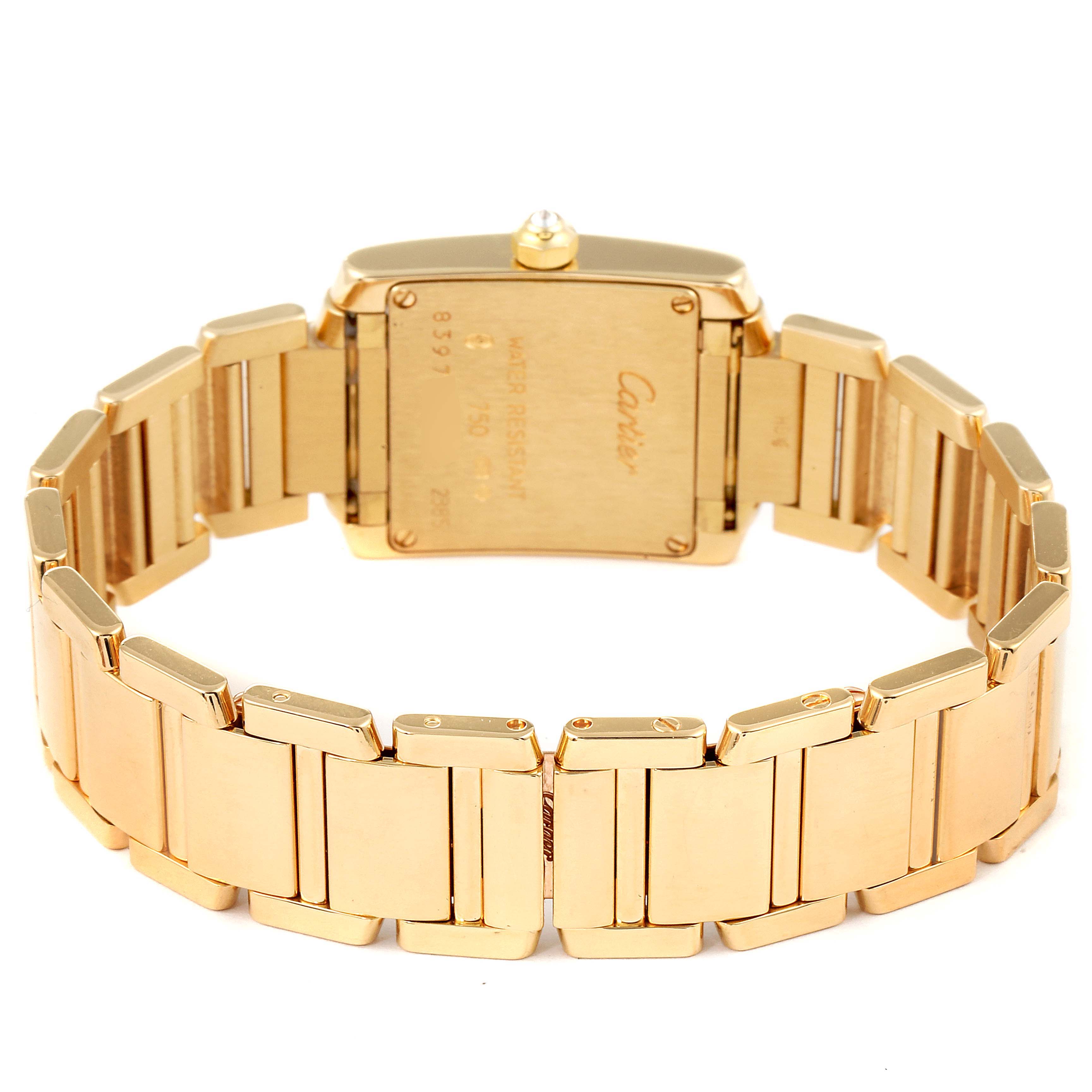 The image shows the back and bracelet of a Cartier Tank Francaise WE1023R8 Women
s Yellow Gold Silver Dial WE1023R8 Women
s Yellow Gold Silver Dial watch, viewed from behind.
