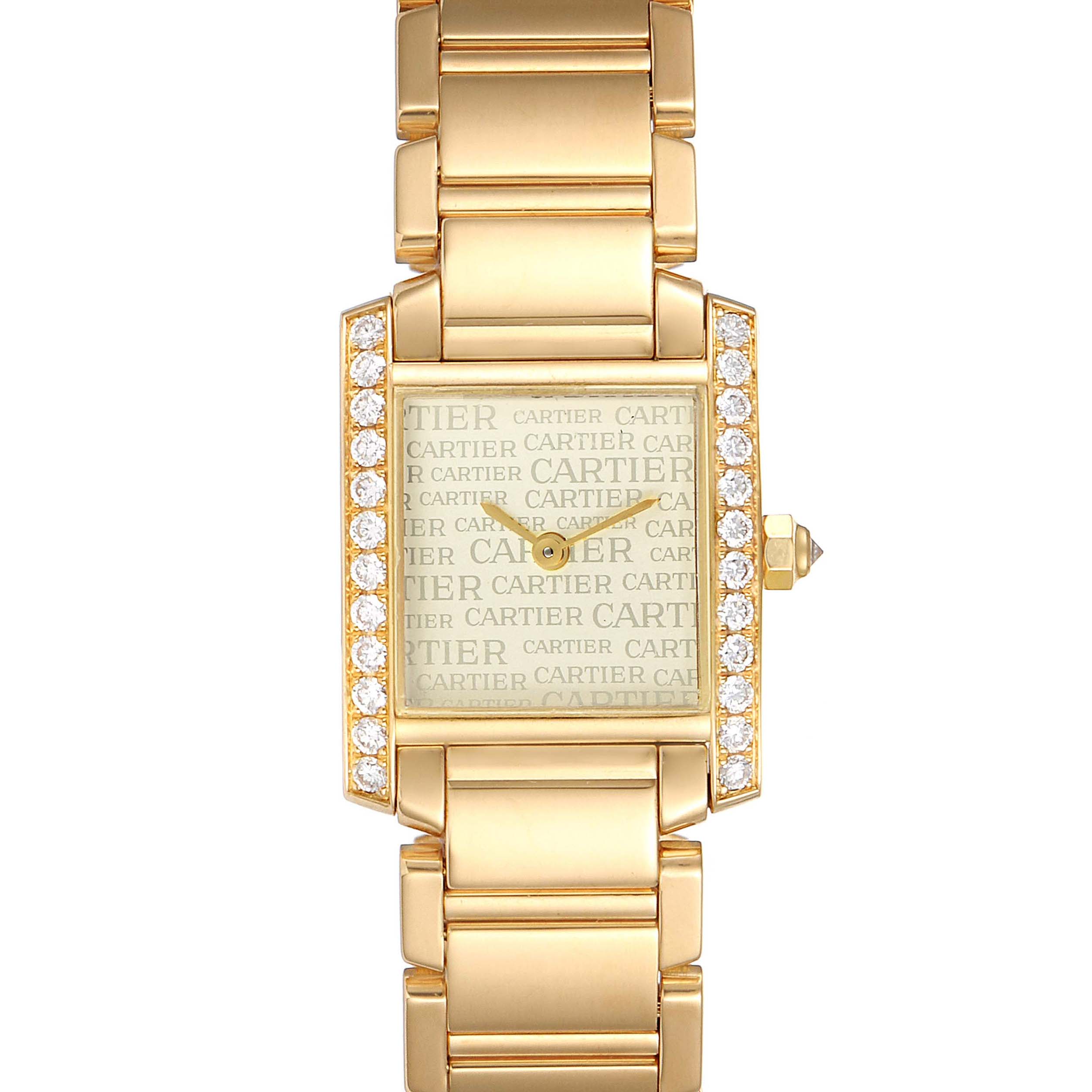 This image shows a top-down view of a Cartier Tank Francaise WE1023R8 Women
s Yellow Gold Silver Dial WE1023R8 Women
s Yellow Gold Silver Dial watch, focusing on the face, bezel, and part of the bracelet.