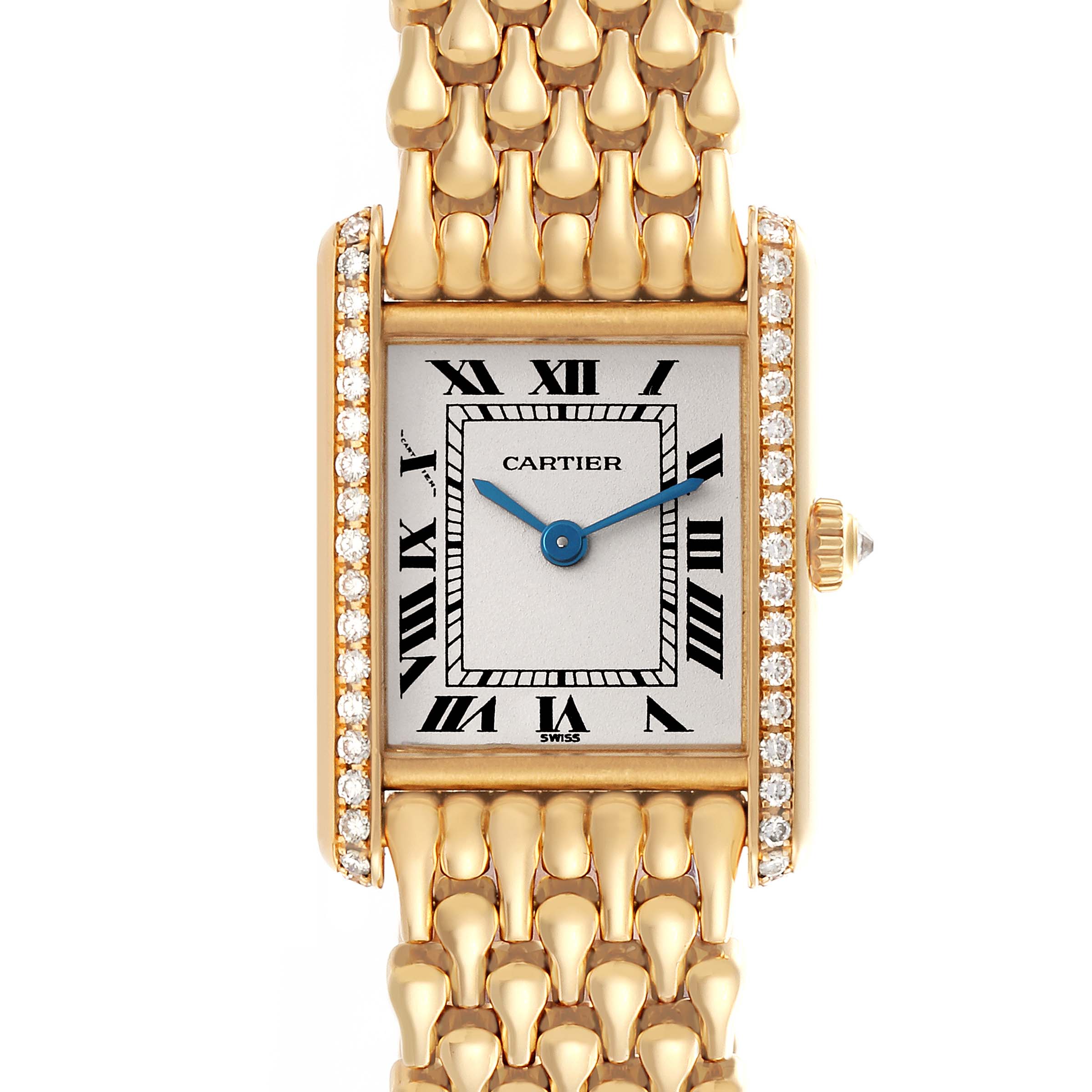 The Cartier Tank Louis WA2013K3 Women's Yellow Gold Silver Dial WA2013K3 Women's Yellow Gold Silver Dial watch is shown from a front angle, highlighting its rectangular face and gold bracelet.
