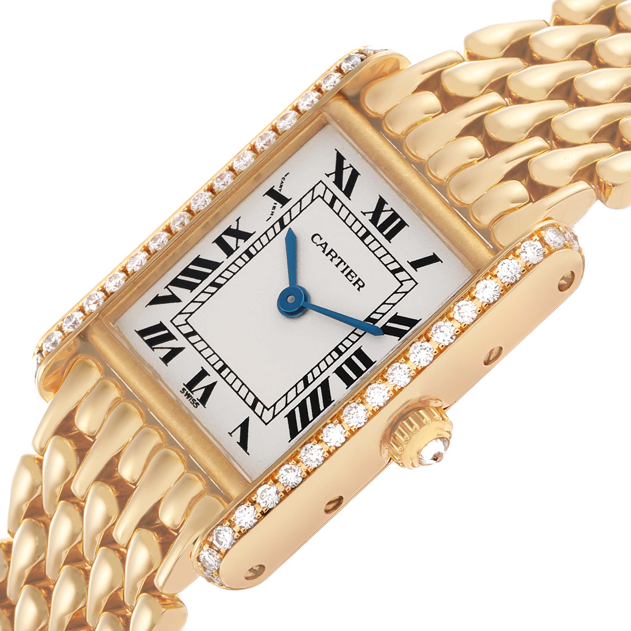 The Cartier Tank Louis WA2013K3 Women's Yellow Gold Silver Dial WA2013K3 Women's Yellow Gold Silver Dial watch is shown at an angle highlighting its face, bezel, crown, and part of the bracelet.