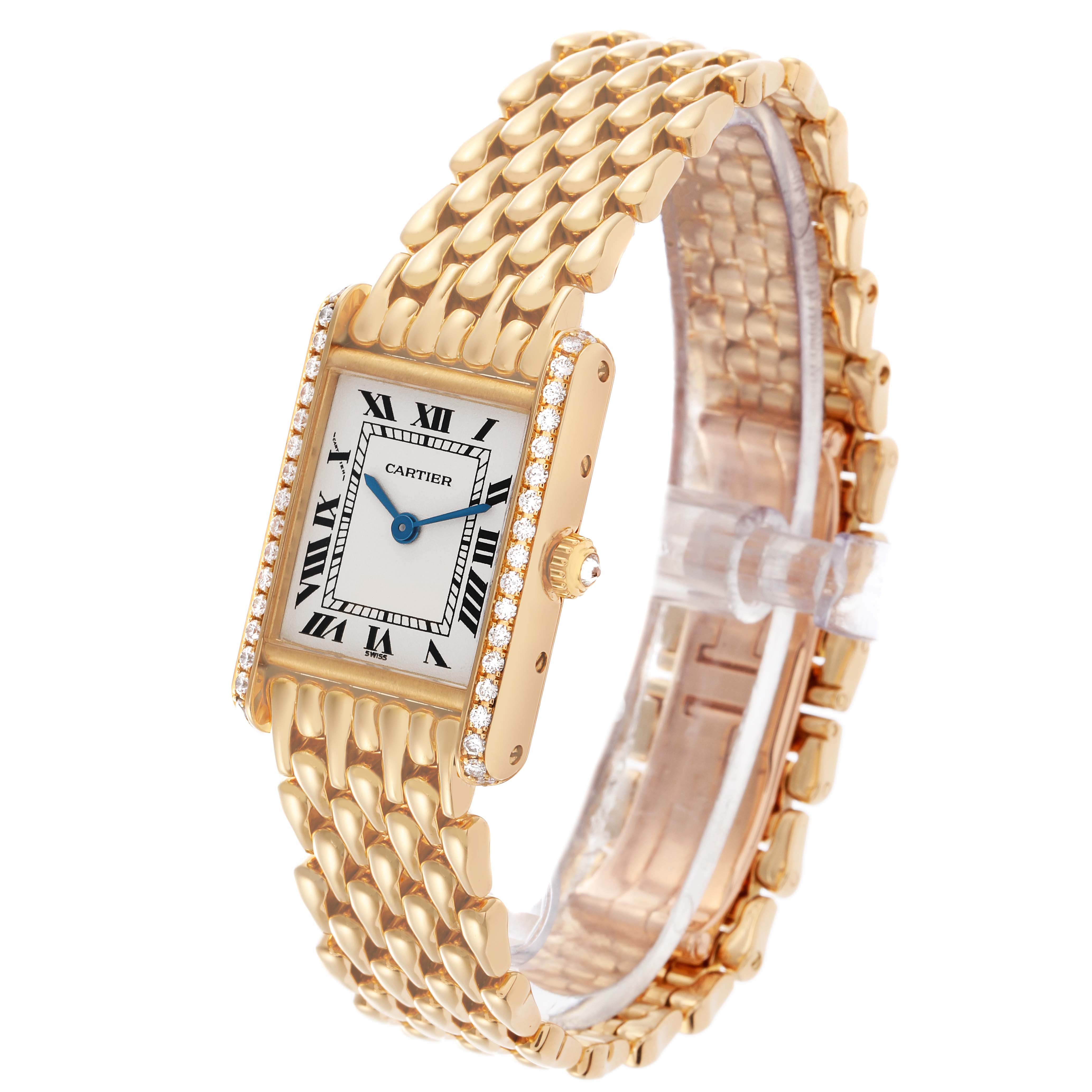 The Cartier Tank Louis WA2013K3 Women's Yellow Gold Silver Dial WA2013K3 Women's Yellow Gold Silver Dial watch is shown at a slight angled side view, highlighting its rectangular face, Roman numerals, and gold link band.