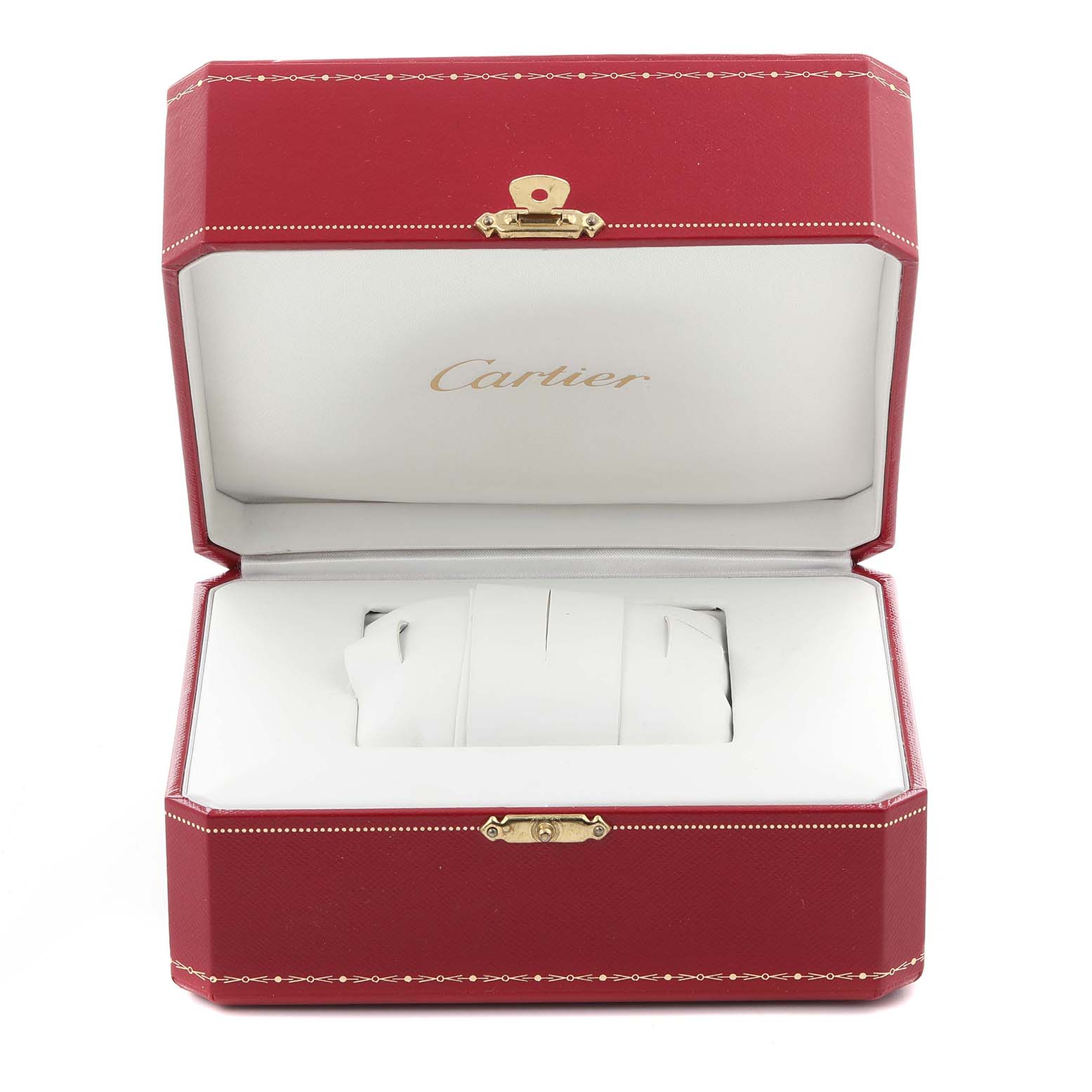 The image shows a Cartier Tank Louis WA2013K3 Women's Yellow Gold Silver Dial WA2013K3 Women's Yellow Gold Silver Dial watch box open, highlighting the interior padding and brand logo.