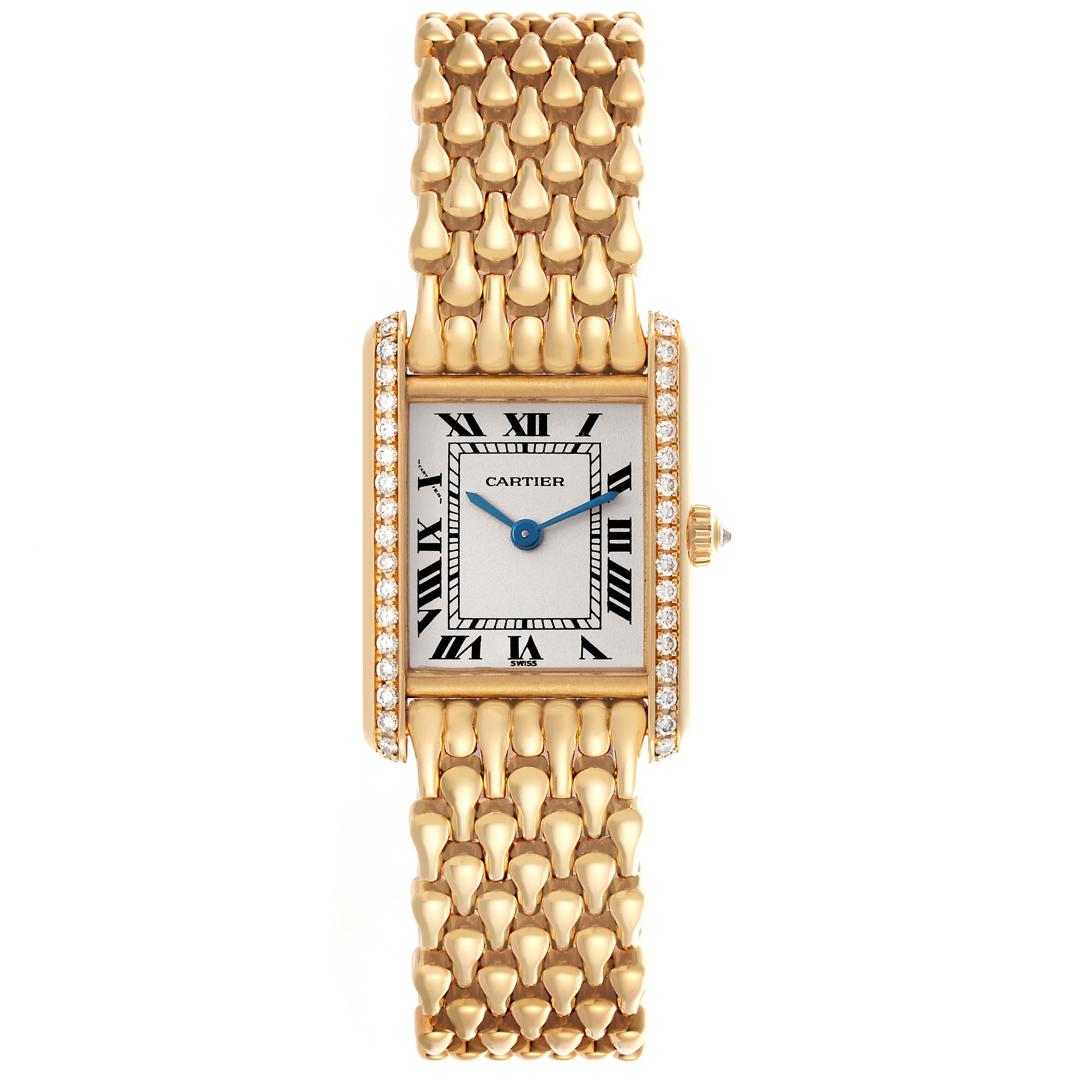 The Cartier Tank Louis WA2013K3 Women's Yellow Gold Silver Dial WA2013K3 Women's Yellow Gold Silver Dial watch is shown from the front, highlighting its rectangular face, Roman numerals, and gold bracelet.