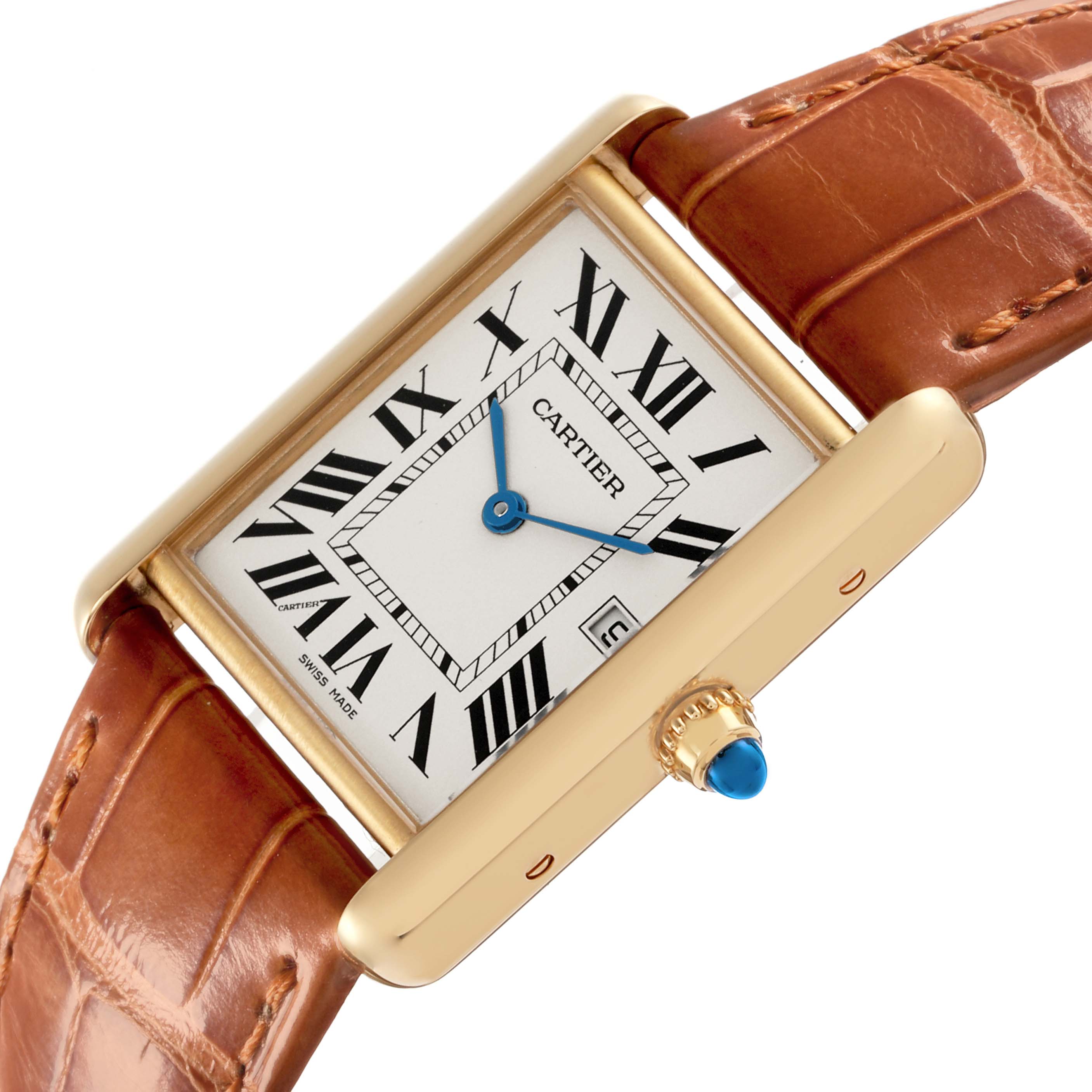 The Cartier Tank Louis W1529756 Men's Yellow Gold Silver Dial W1529756 Men's Yellow Gold Silver Dial watch is shown at an angle showcasing the dial, Roman numerals, crown, and brown leather strap.