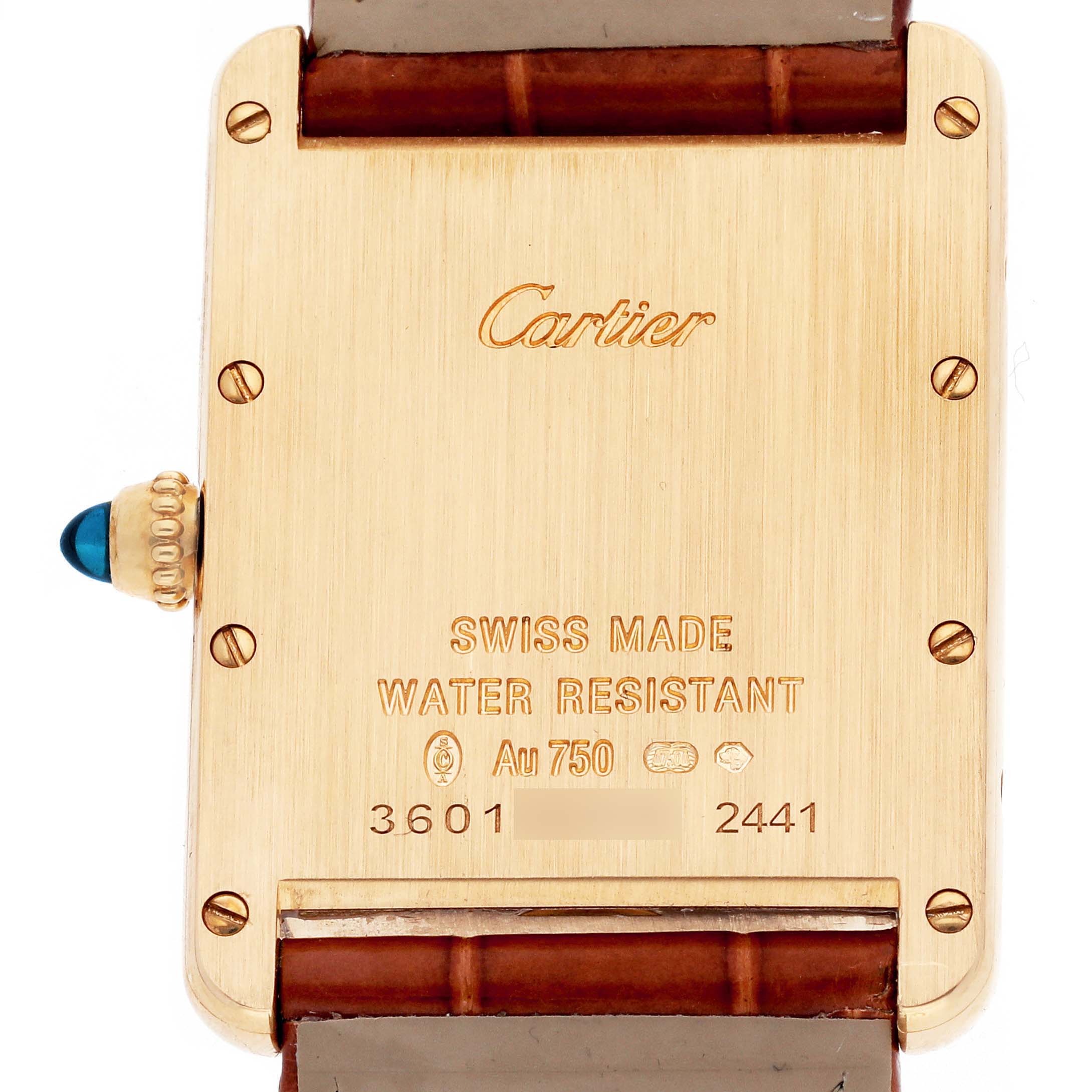 The Cartier Tank Louis W1529756 Men's Yellow Gold Silver Dial W1529756 Men's Yellow Gold Silver Dial watch is shown from the back, highlighting its case, crown, and back engravings.