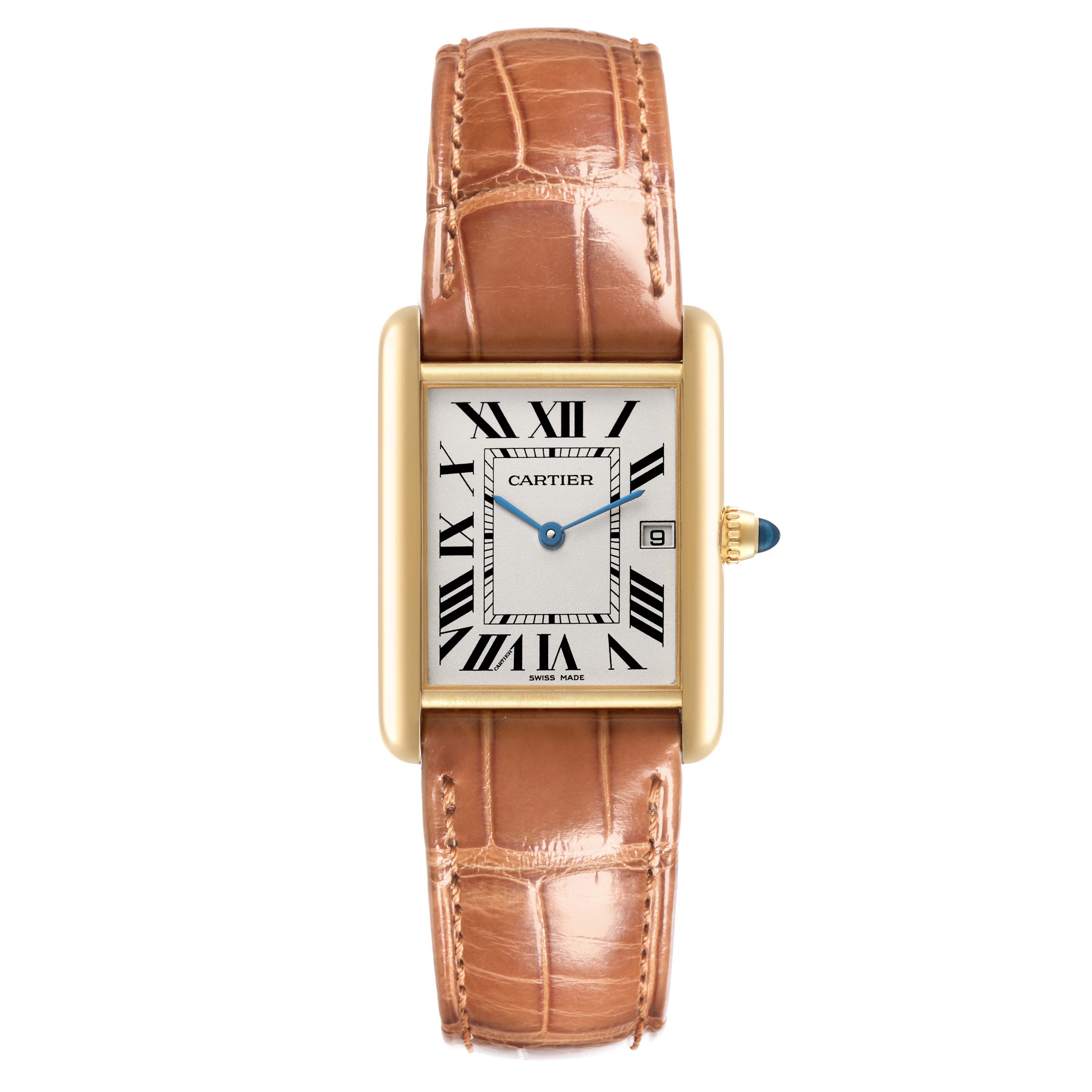 The Cartier Tank Louis W1529756 Men's Yellow Gold Silver Dial W1529756 Men's Yellow Gold Silver Dial watch is shown from the front, featuring a rectangular dial with Roman numerals and a brown leather strap.