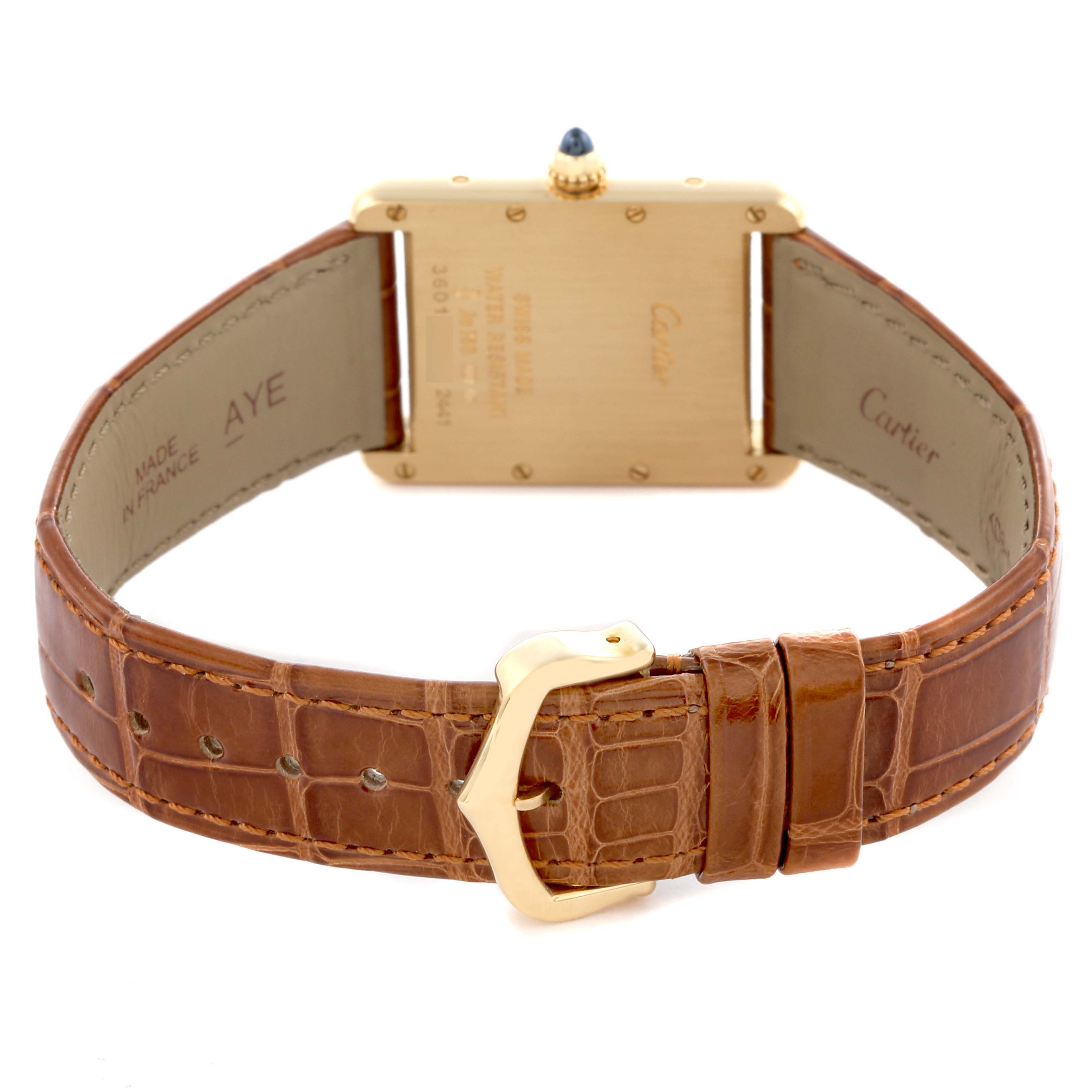 The image shows the back view of the Cartier Tank Louis W1529756 Men's Yellow Gold Silver Dial W1529756 Men's Yellow Gold Silver Dial watch, highlighting the case back, strap, and clasp.