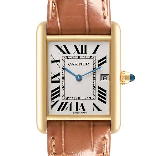 The Cartier Tank Louis watch is shown from a frontal angle, featuring its face, gold case, and leather strap.