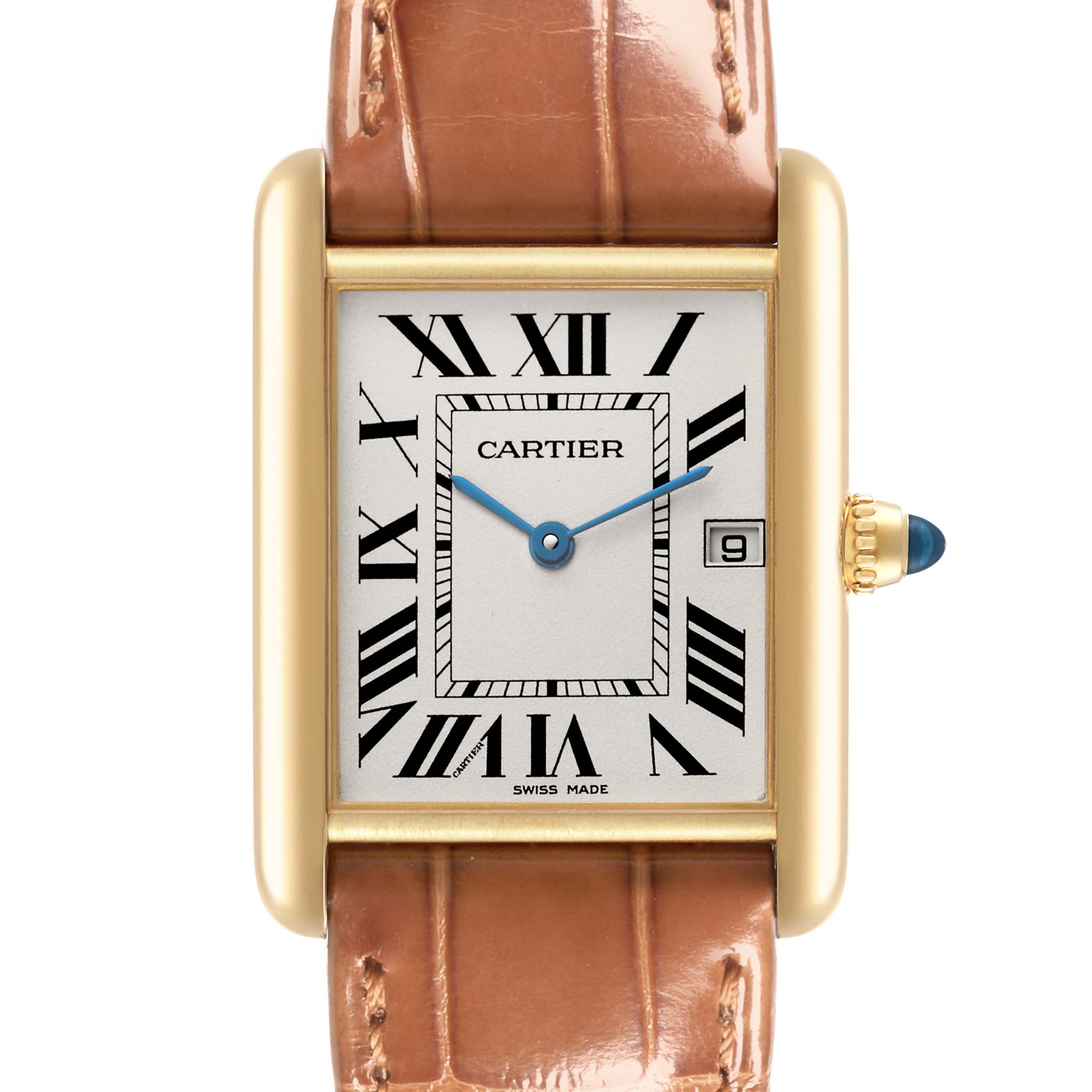 The Cartier Tank Louis W1529756 Men's Yellow Gold Silver Dial W1529756 Men's Yellow Gold Silver Dial watch is shown from a front view, highlighting the rectangular face, Roman numerals, and leather strap.