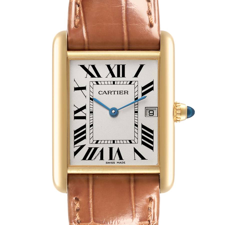 The Cartier Tank Louis watch is shown from a front view, highlighting the rectangular face, Roman numerals, and leather strap.