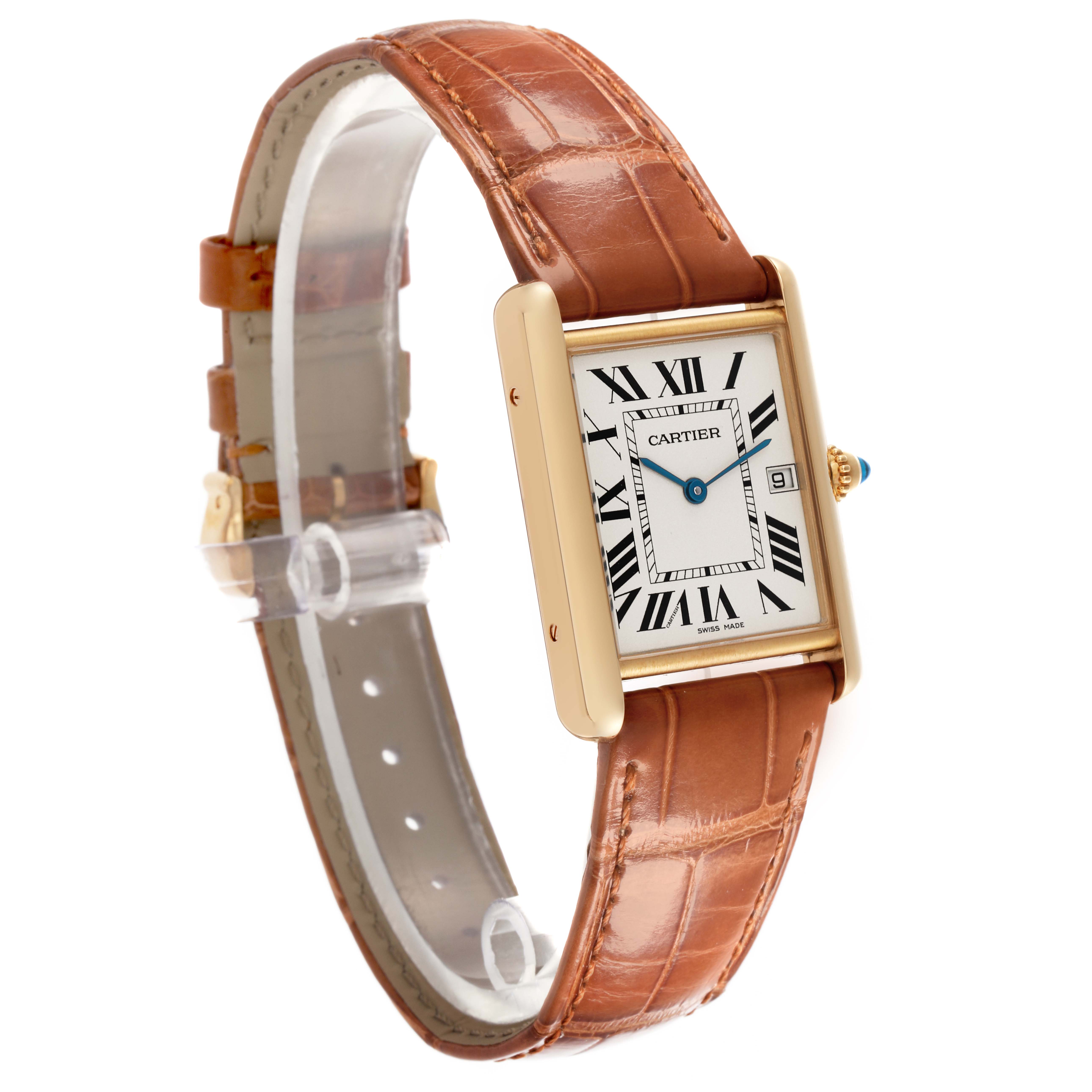 The Cartier Tank Louis W1529756 Men's Yellow Gold Silver Dial W1529756 Men's Yellow Gold Silver Dial watch is shown from an angled side view, displaying the face, strap, and crown.